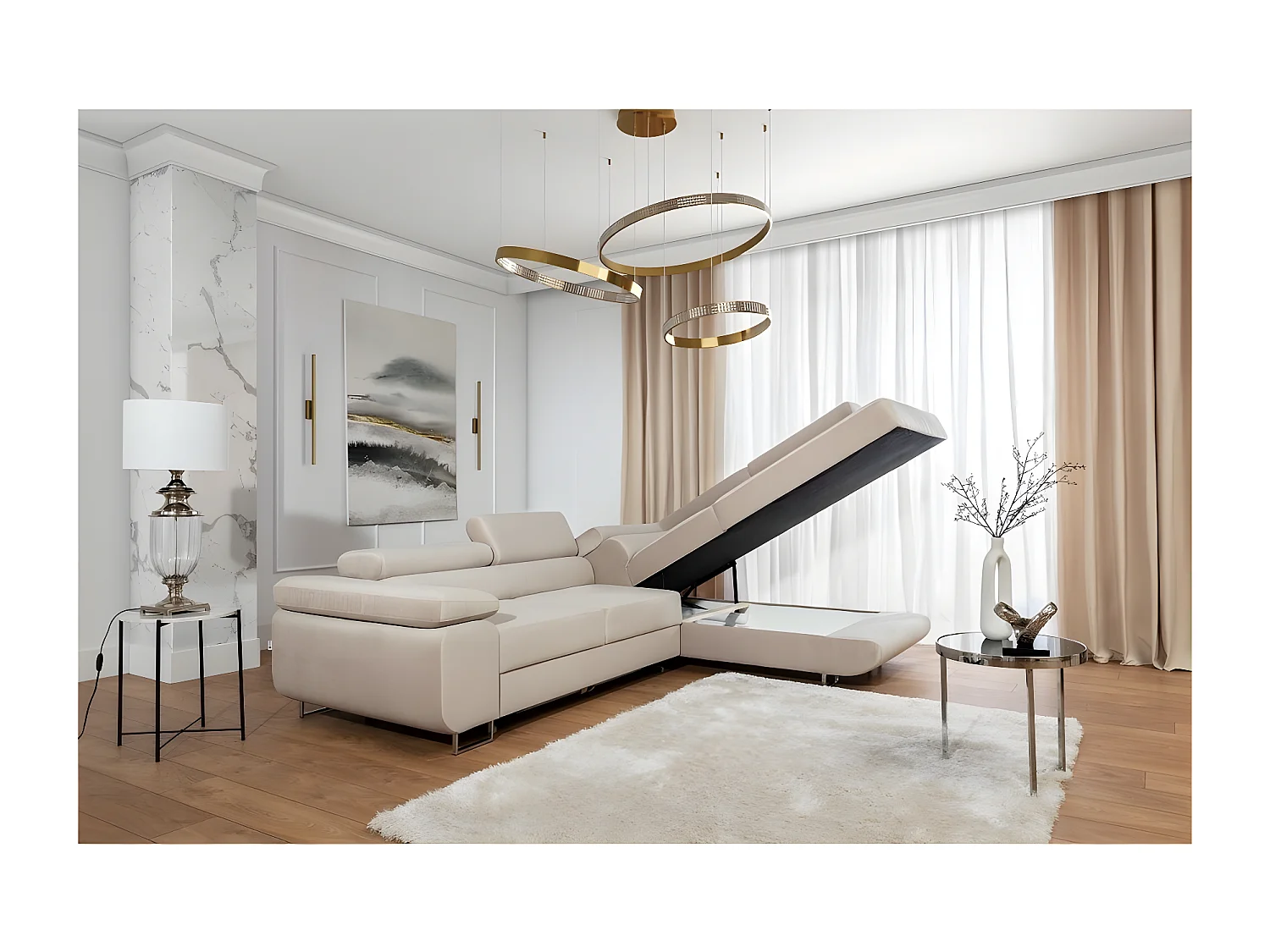 Canapé d'angle convertible en velours luxe 5 places, avec coffre, beige, angle droit (vu de face), ANNECY VELOURS