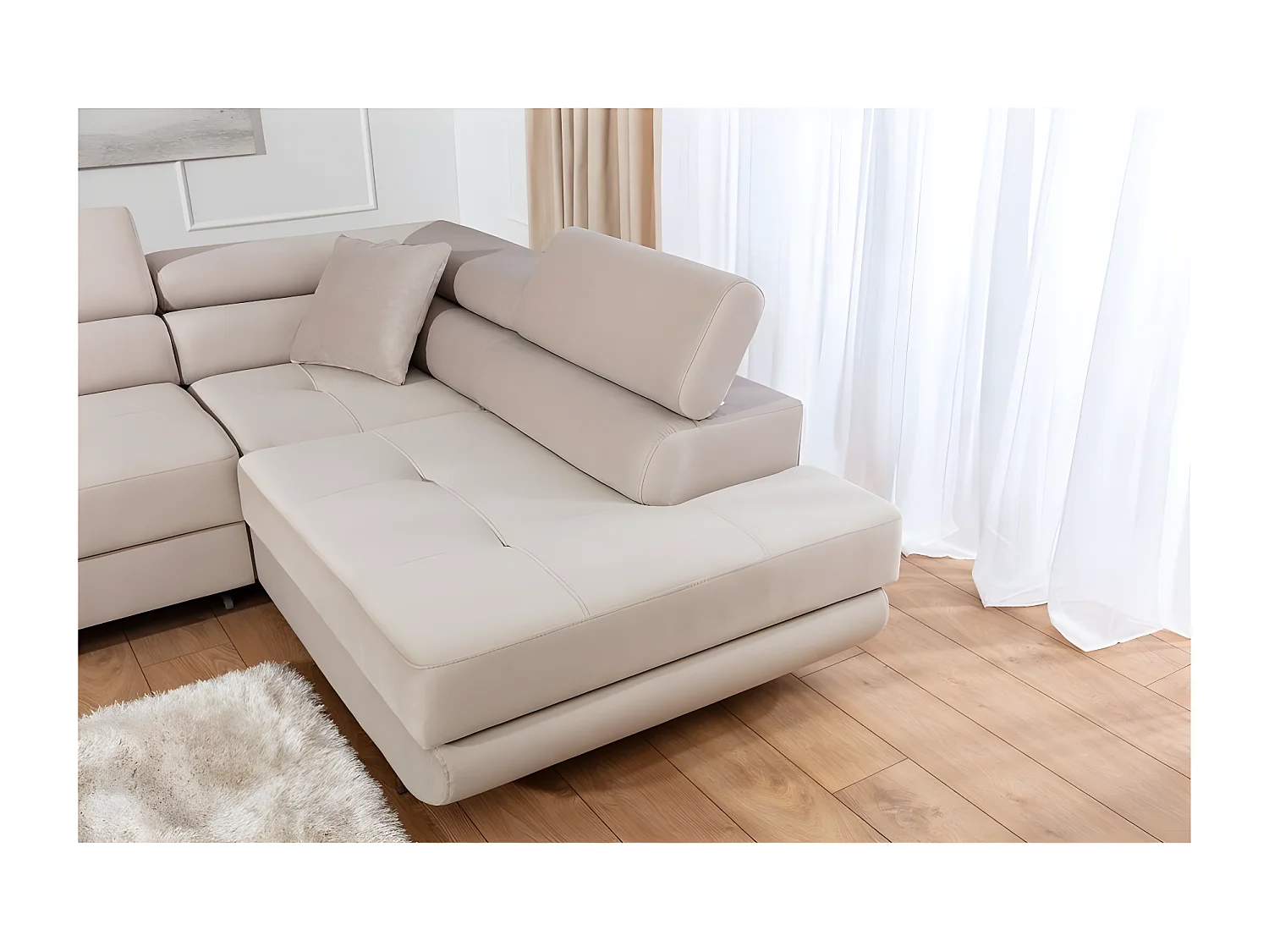 Canapé d'angle convertible en velours luxe 5 places, avec coffre, beige, angle droit (vu de face), ANNECY VELOURS