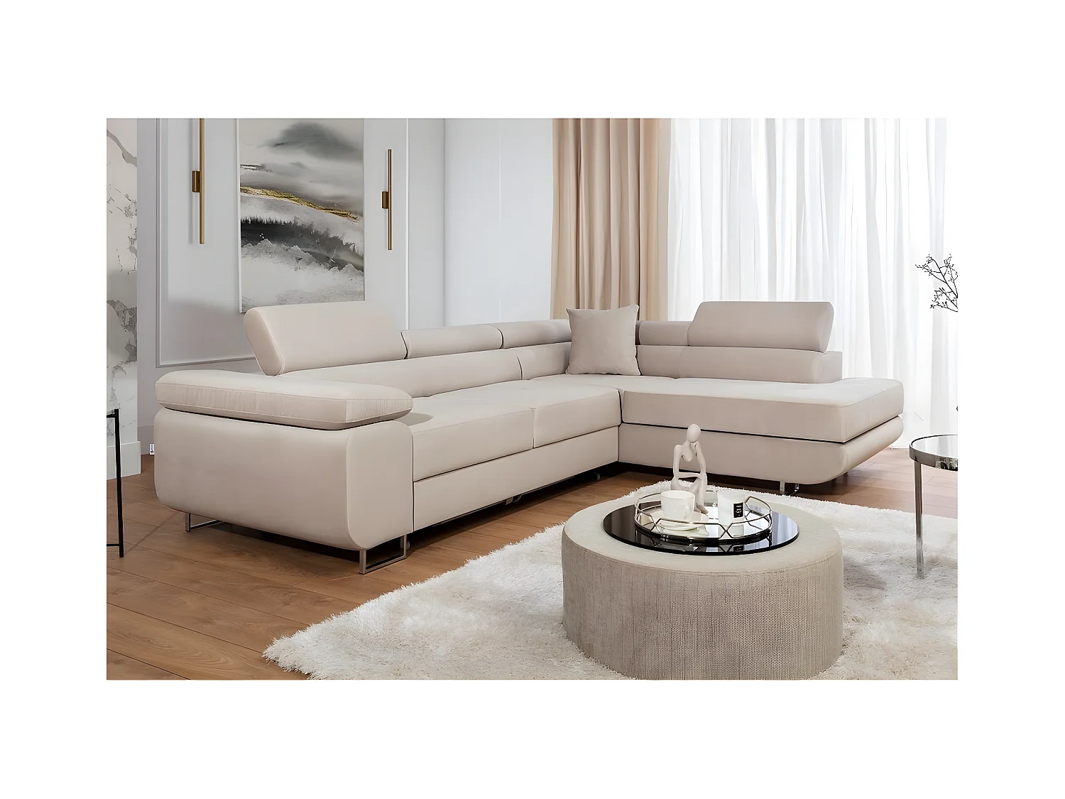 Canapé d'angle convertible en velours luxe 5 places, avec coffre, beige, angle droit (vu de face), ANNECY VELOURS