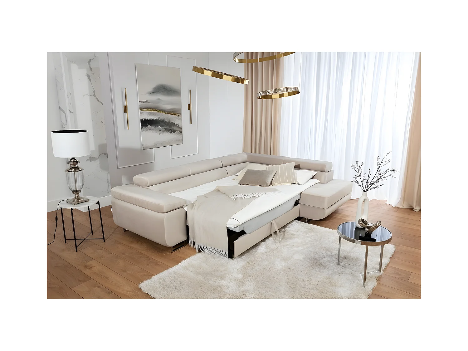 Canapé d'angle convertible en velours luxe 5 places, avec coffre, beige, angle droit (vu de face), ANNECY VELOURS