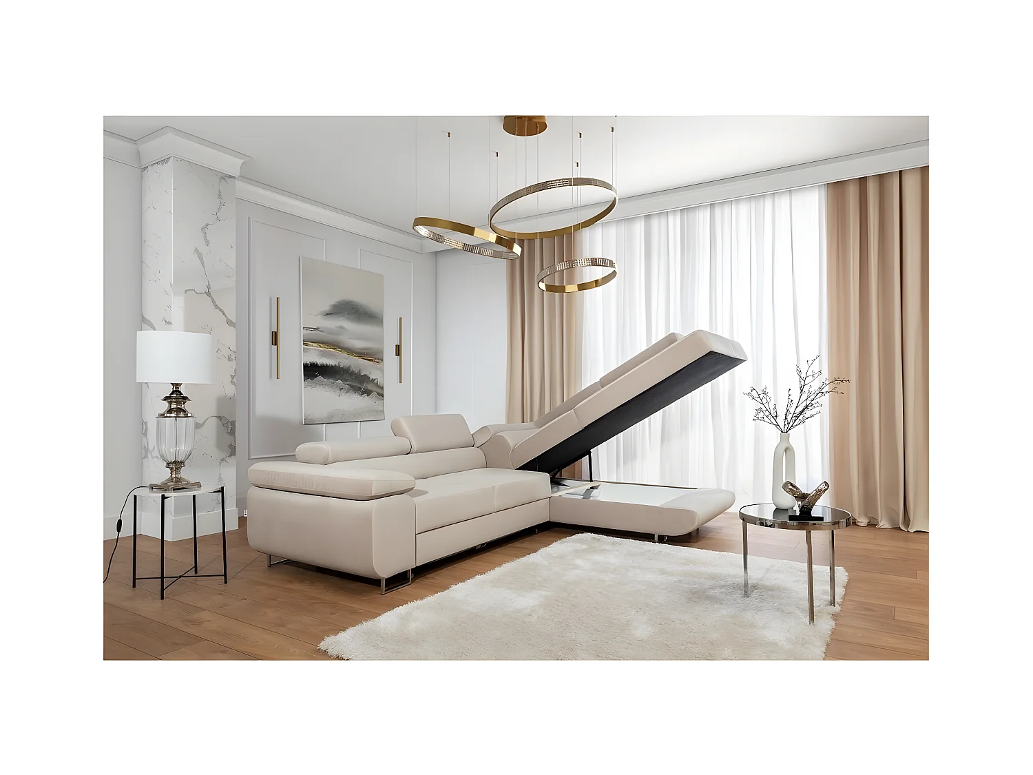 Canapé d'angle convertible en velours luxe 5 places, avec coffre, beige, angle droit (vu de face), ANNECY VELOURS