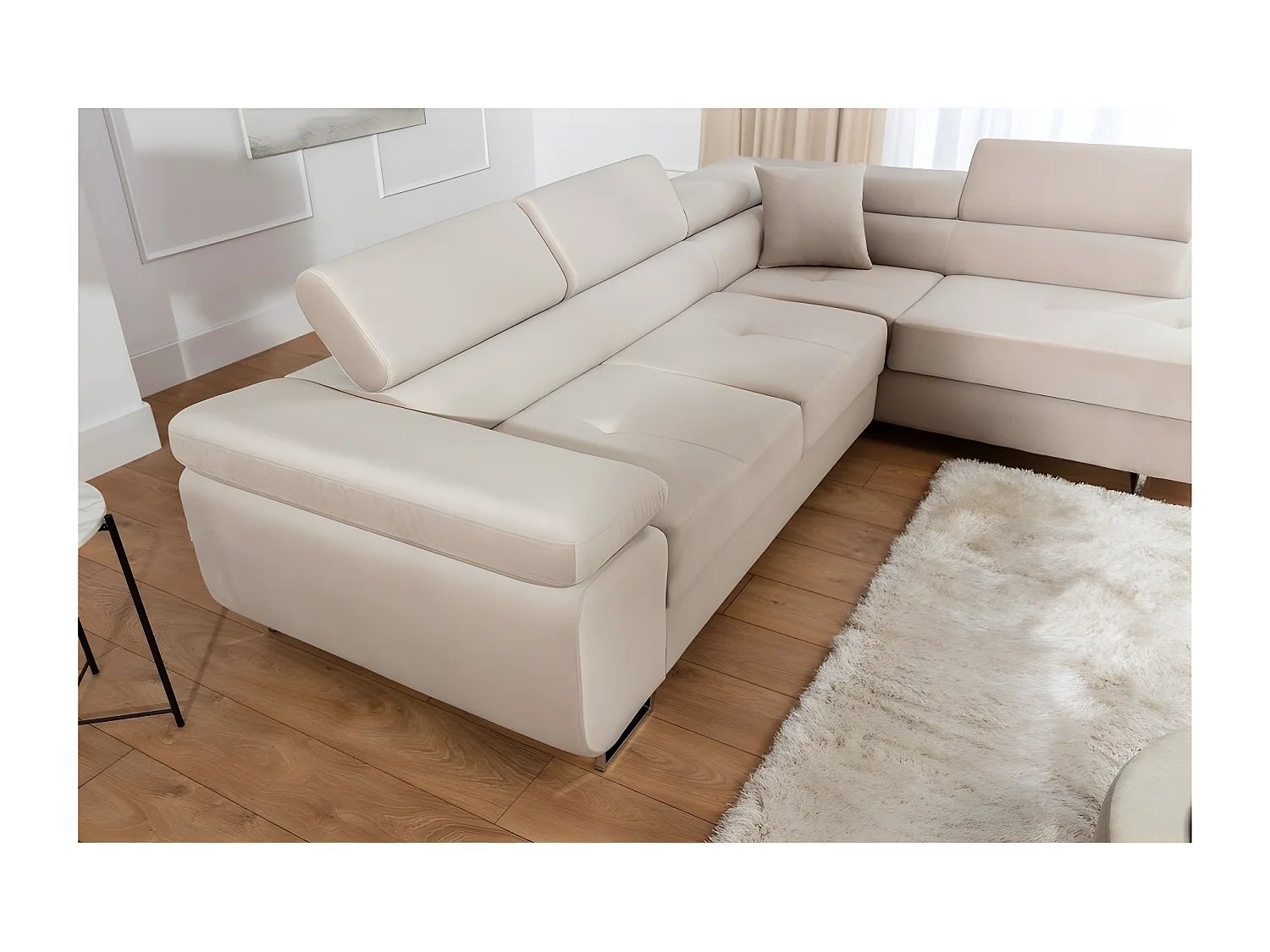 Canapé d'angle convertible en velours luxe 5 places, avec coffre, beige, angle droit (vu de face), ANNECY VELOURS