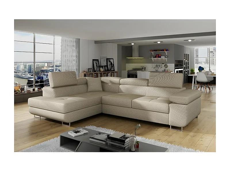 Canapé d'angle convertible en velours cotelé luxe 5 places, avec coffre, beige, angle gauche (vu de face), ANNECY VELOURS COTELE