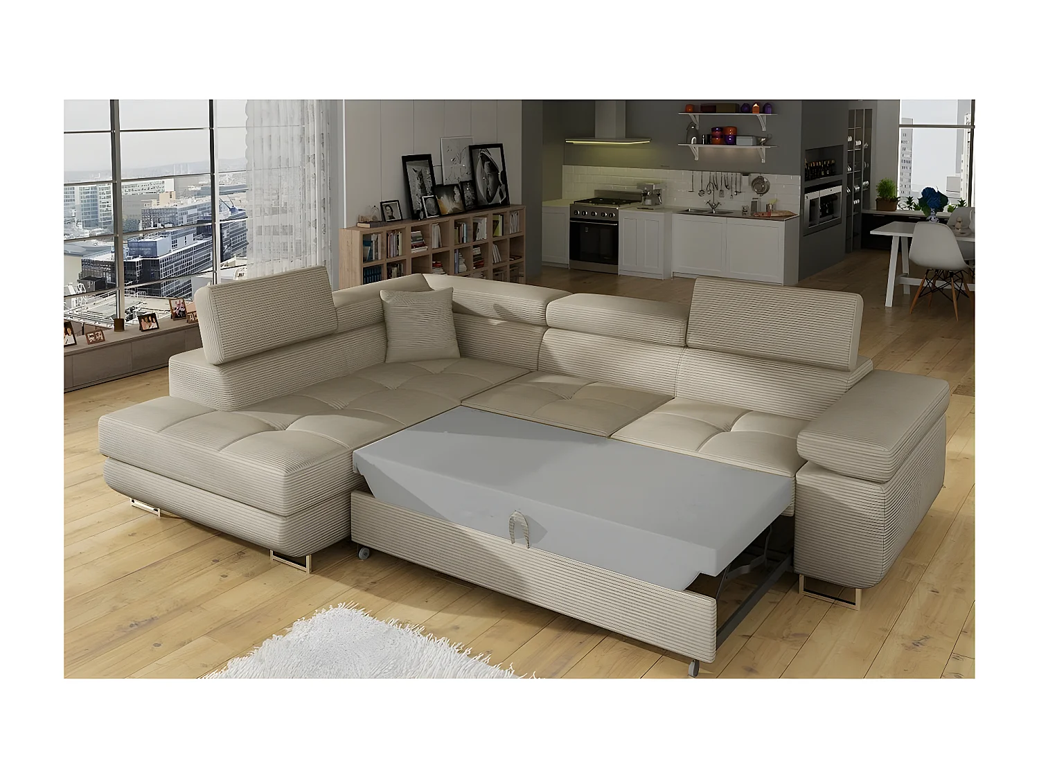 Canapé d'angle convertible en velours cotelé luxe 5 places, avec coffre, beige, angle gauche (vu de face), ANNECY VELOURS COTELE