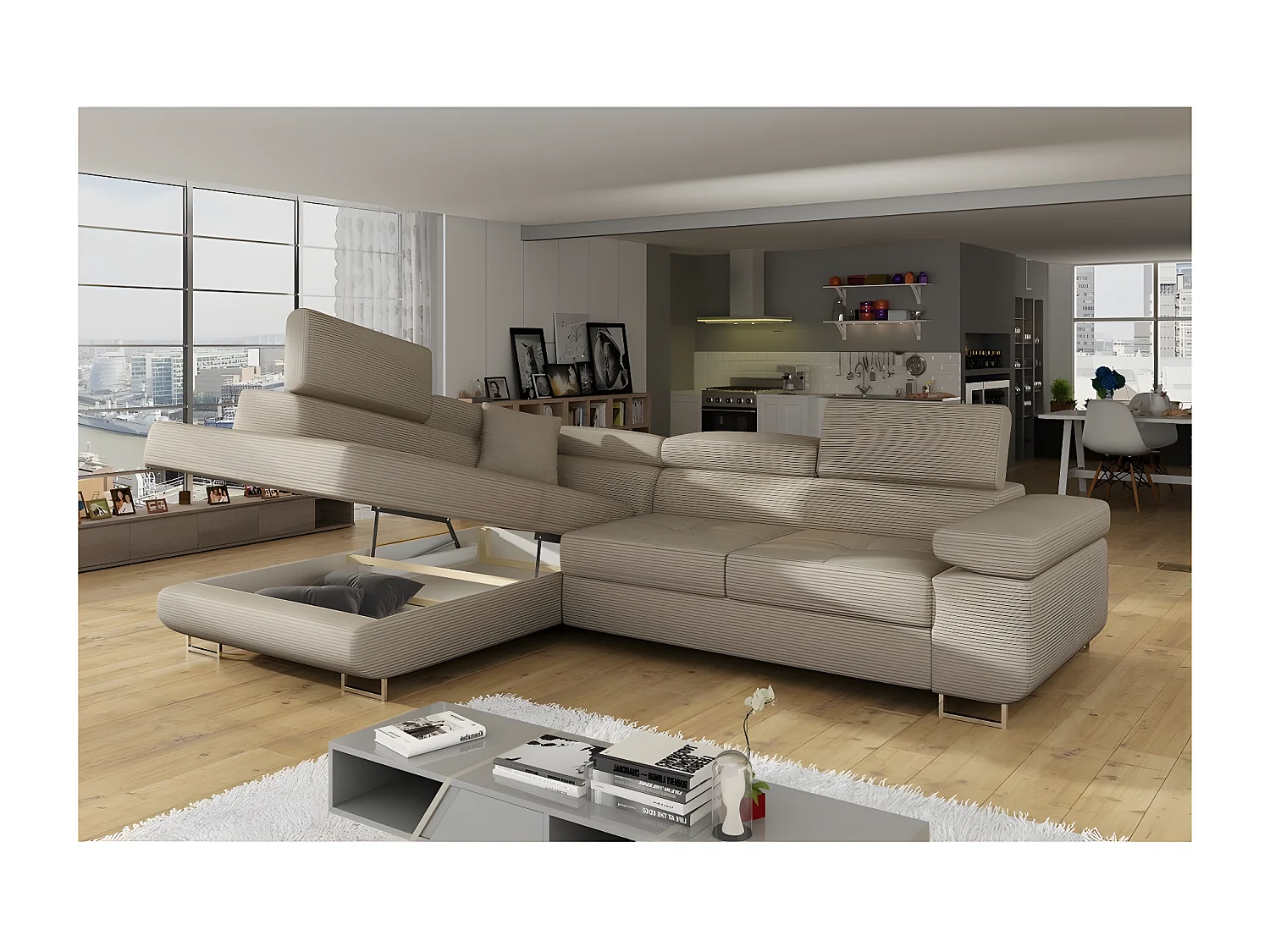 Canapé d'angle convertible en velours cotelé luxe 5 places, avec coffre, beige, angle gauche (vu de face), ANNECY VELOURS COTELE