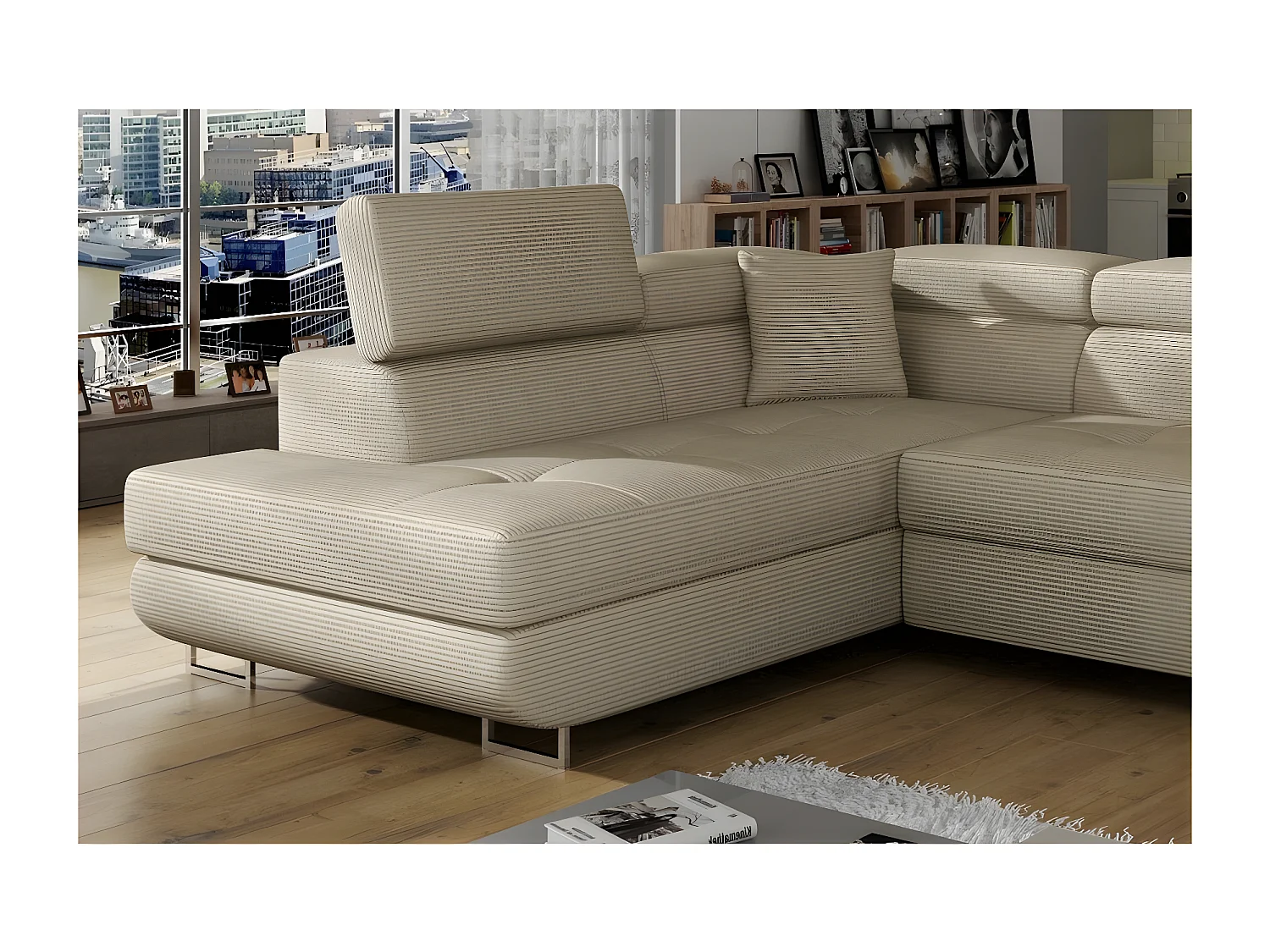 Canapé d'angle convertible en velours cotelé luxe 5 places, avec coffre, beige, angle gauche (vu de face), ANNECY VELOURS COTELE