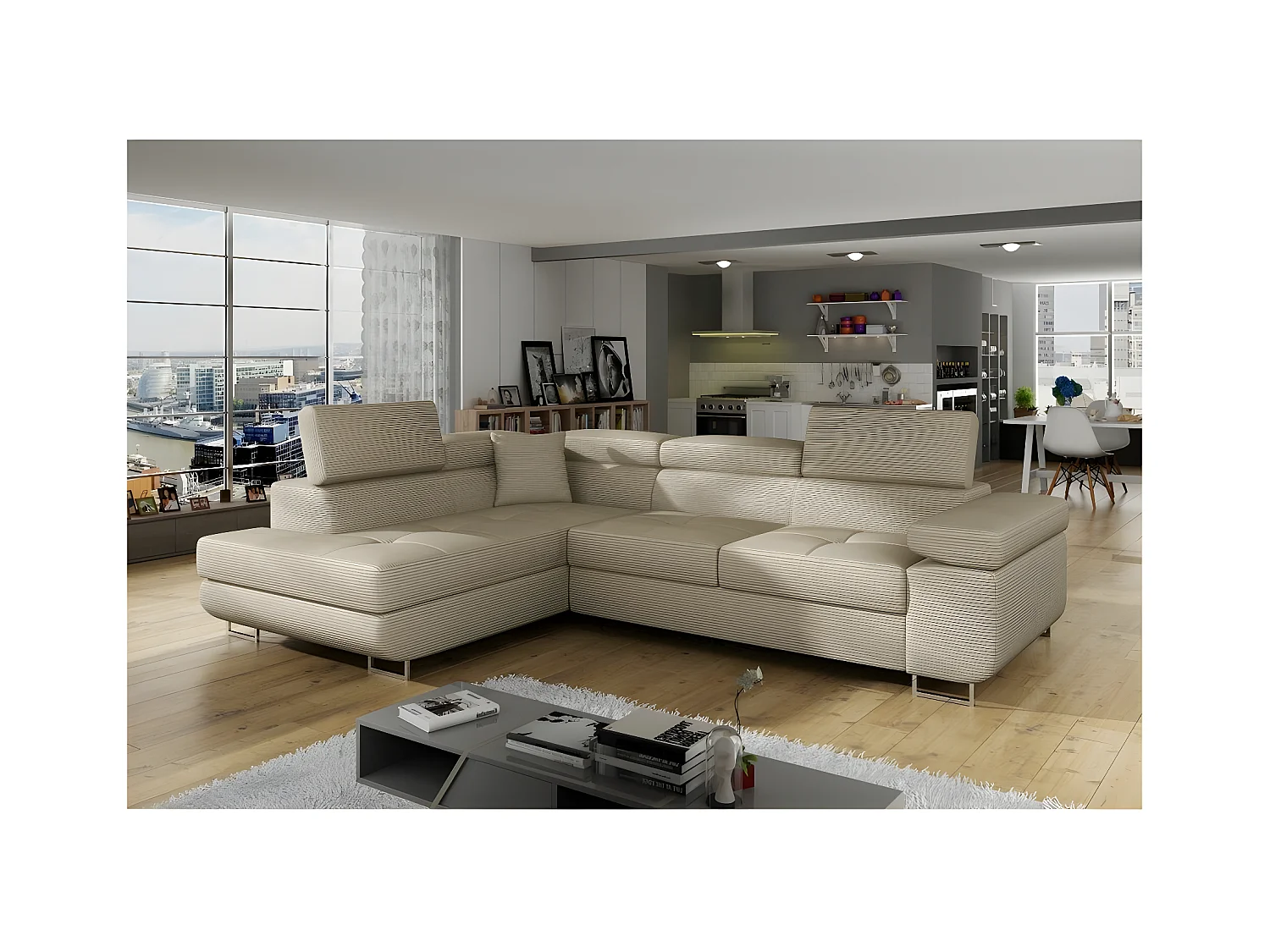 Canapé d'angle convertible en velours cotelé luxe 5 places, avec coffre, beige, angle gauche (vu de face), ANNECY VELOURS COTELE