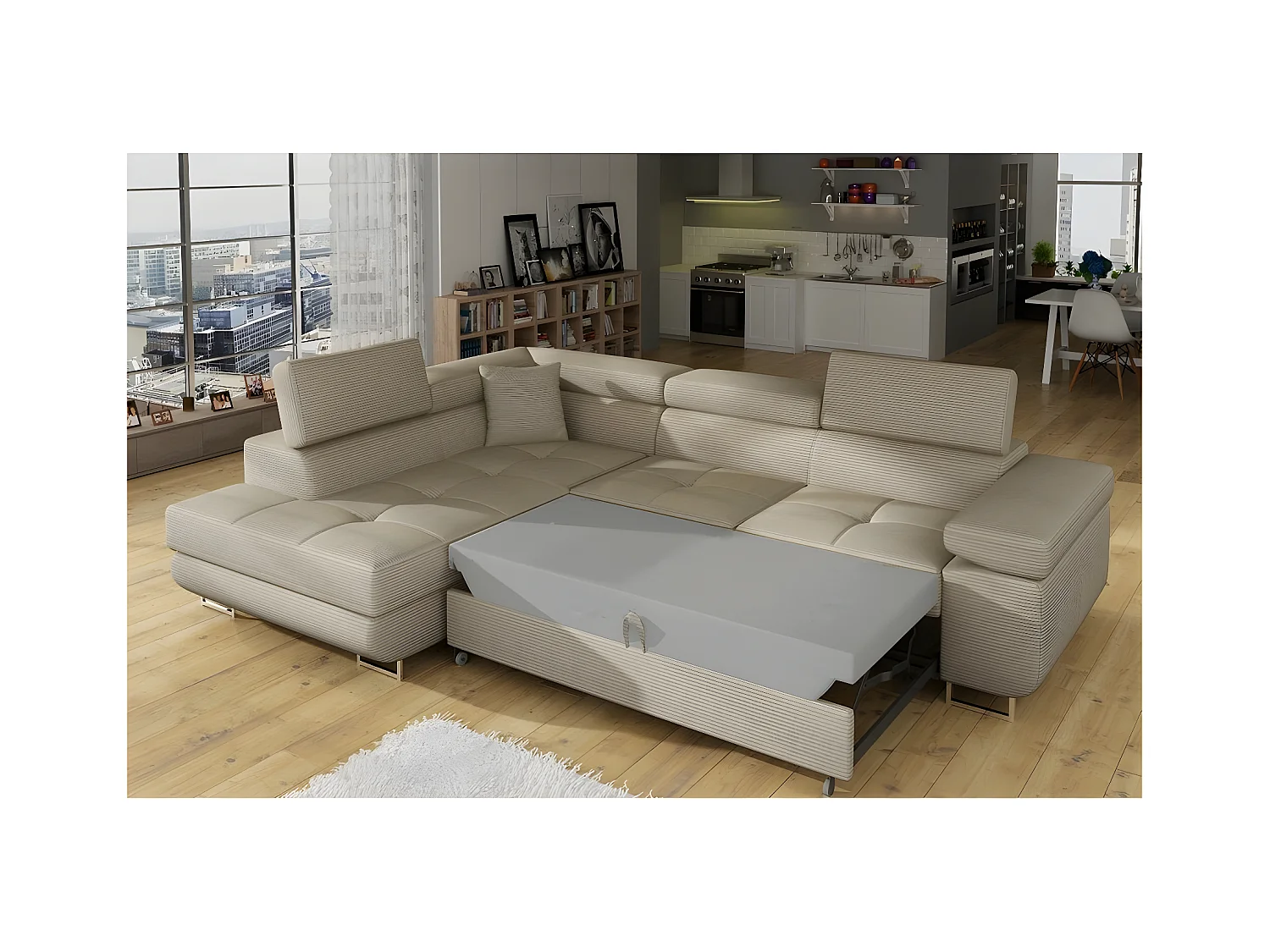 Canapé d'angle convertible en velours cotelé luxe 5 places, avec coffre, beige, angle gauche (vu de face), ANNECY VELOURS COTELE