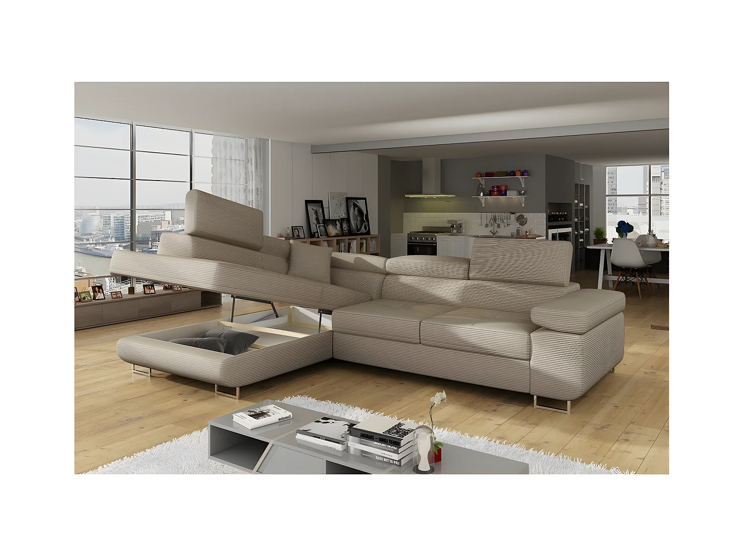 Canapé d'angle convertible en velours cotelé luxe 5 places, avec coffre, beige, angle gauche (vu de face), ANNECY VELOURS COTELE