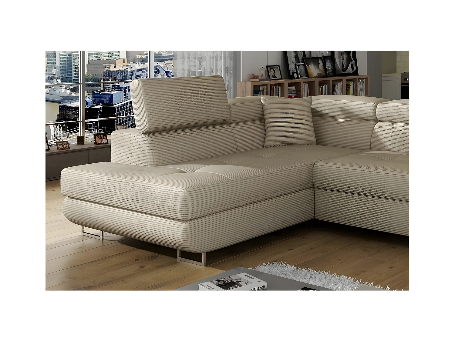 Canapé d'angle convertible en velours cotelé luxe 5 places, avec coffre, beige, angle gauche (vu de face), ANNECY VELOURS COTELE