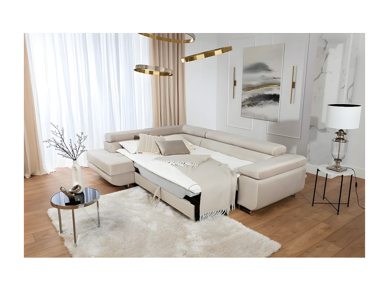 Canapé d'angle convertible - en velours luxe 5 places, avec coffre, beige, angle gauche (vu de face), ANNECY VELOURS