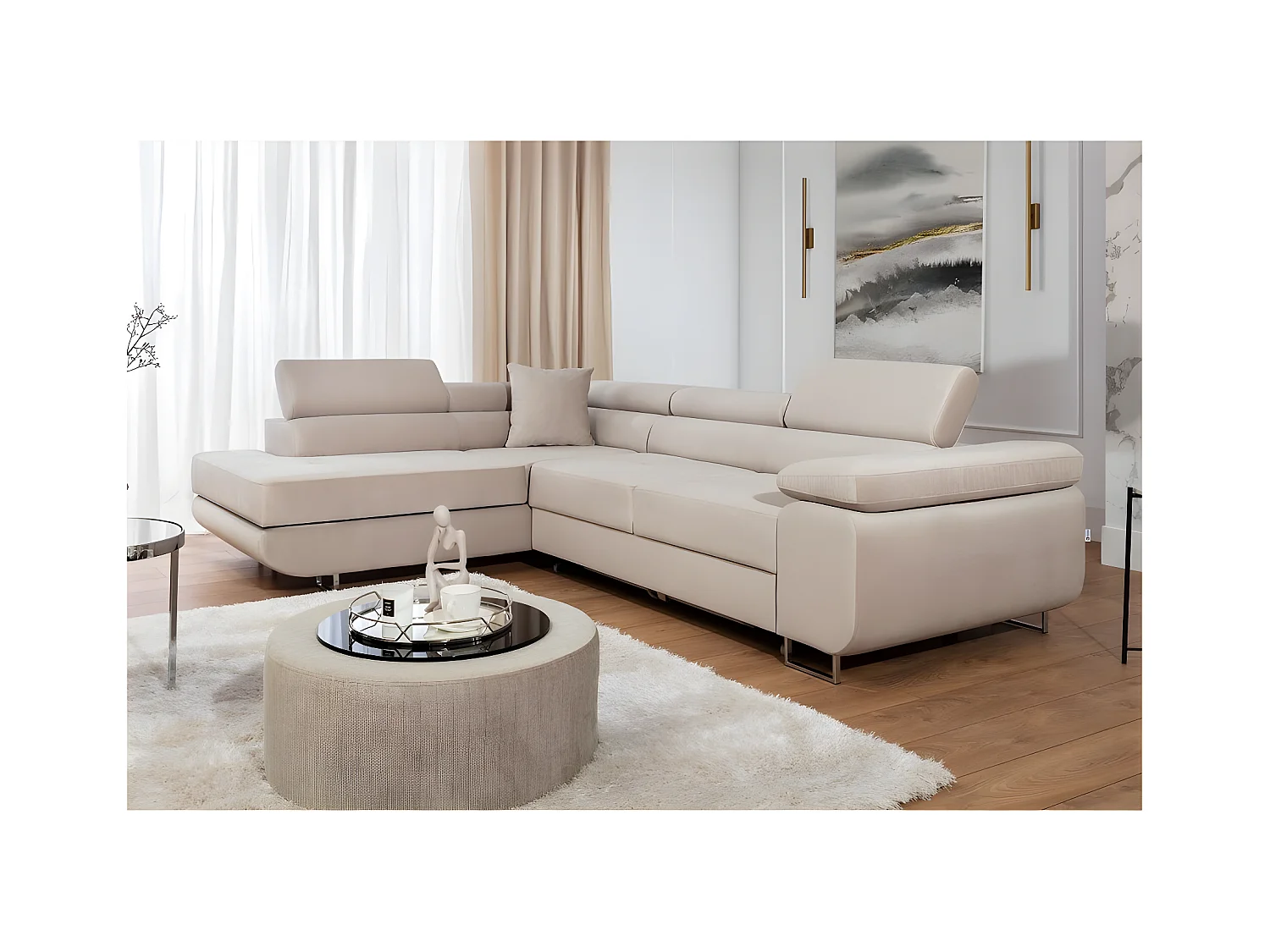Canapé d'angle convertible - en velours luxe 5 places, avec coffre, beige, angle gauche (vu de face), ANNECY VELOURS