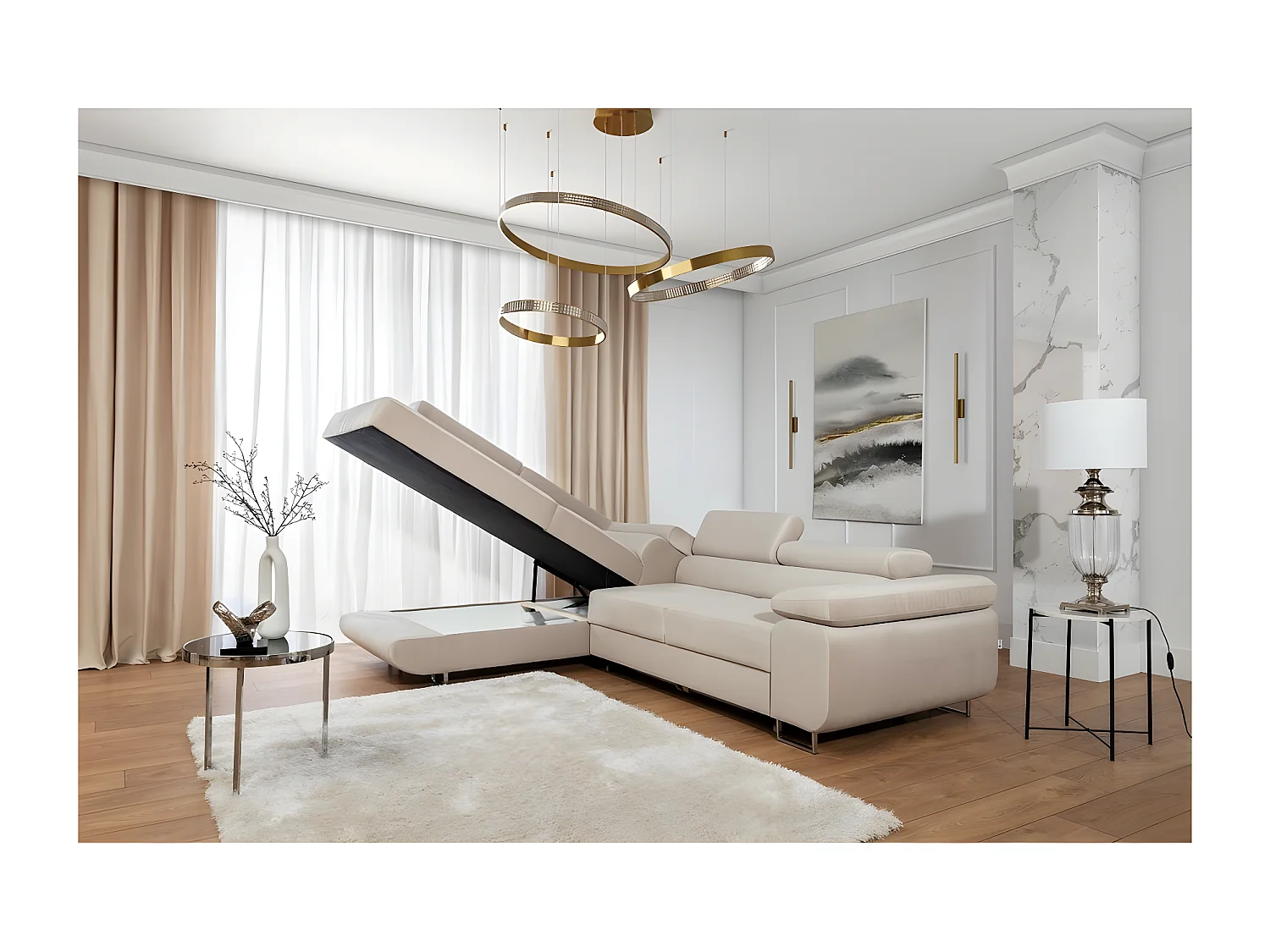 Canapé d'angle convertible - en velours luxe 5 places, avec coffre, beige, angle gauche (vu de face), ANNECY VELOURS