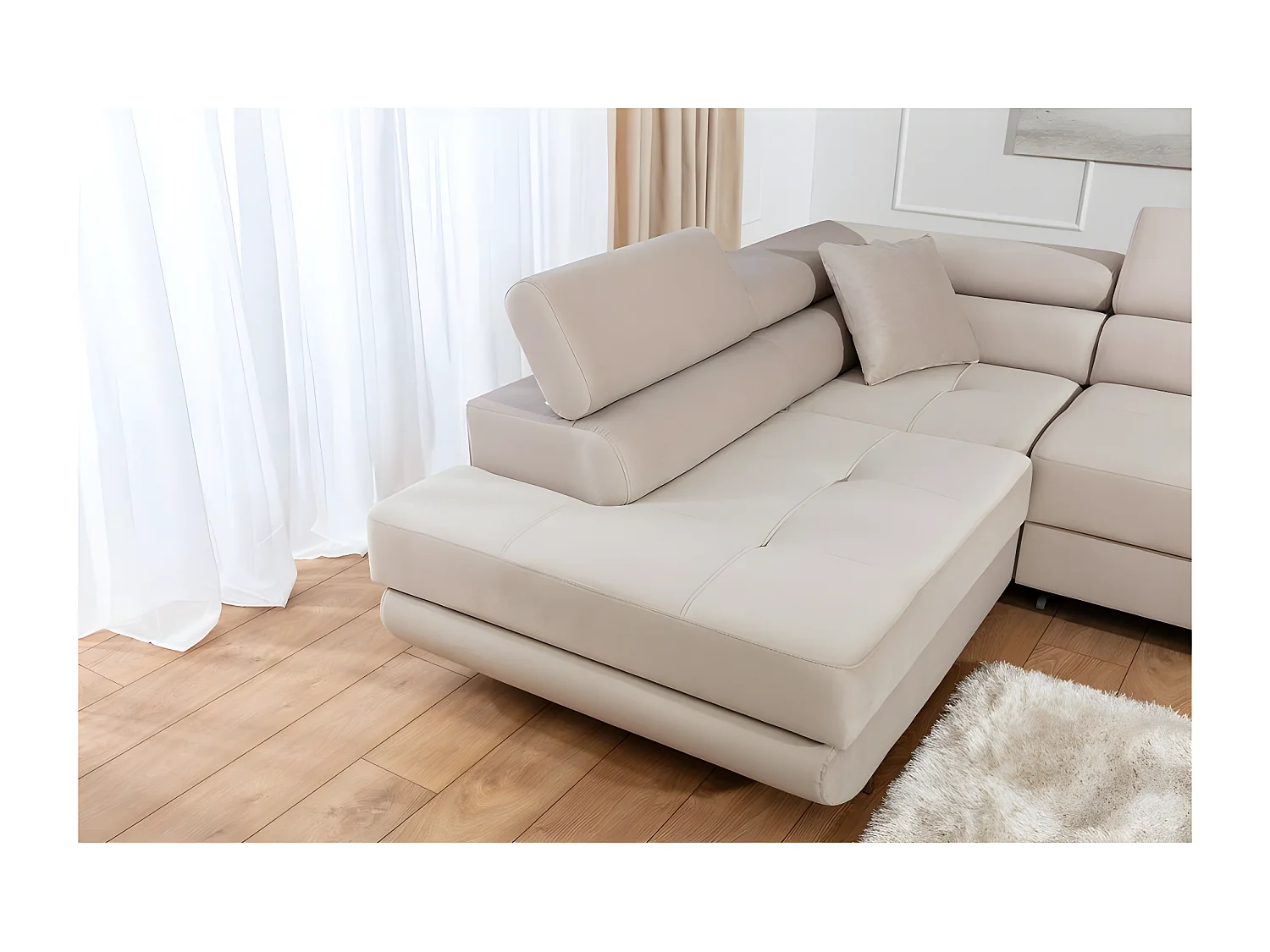 Canapé d'angle convertible - en velours luxe 5 places, avec coffre, beige, angle gauche (vu de face), ANNECY VELOURS