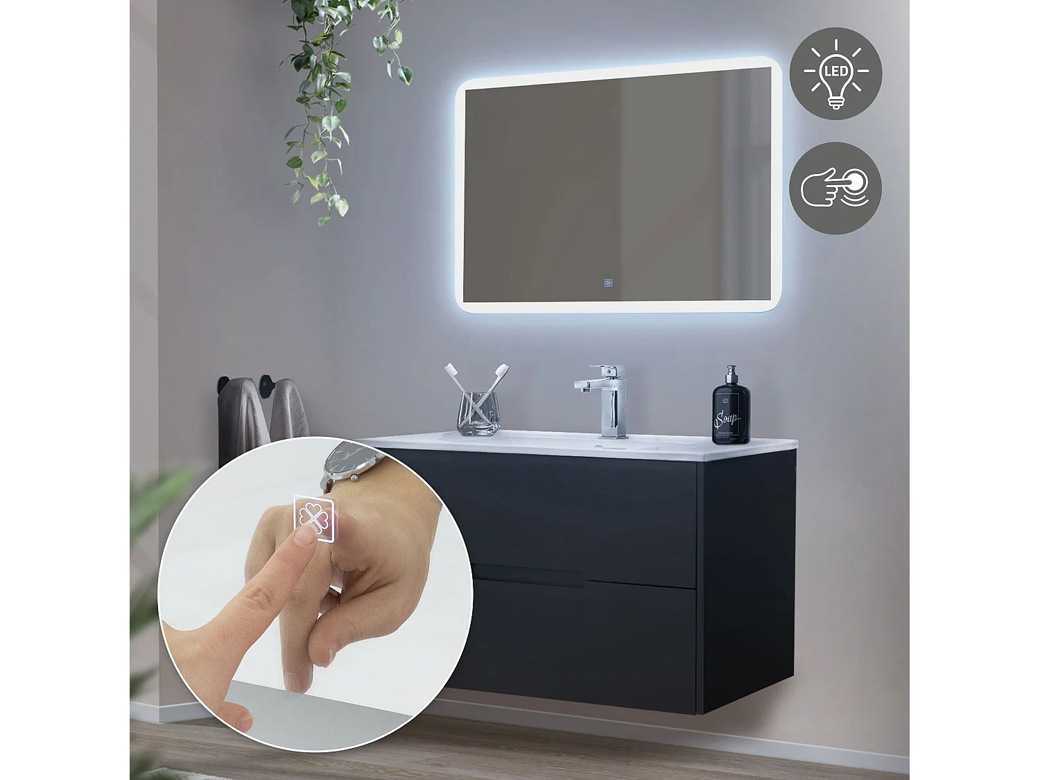 Miroir de salle de bain avec éclairage LED blanc et interrupteur tactile 90x60cm