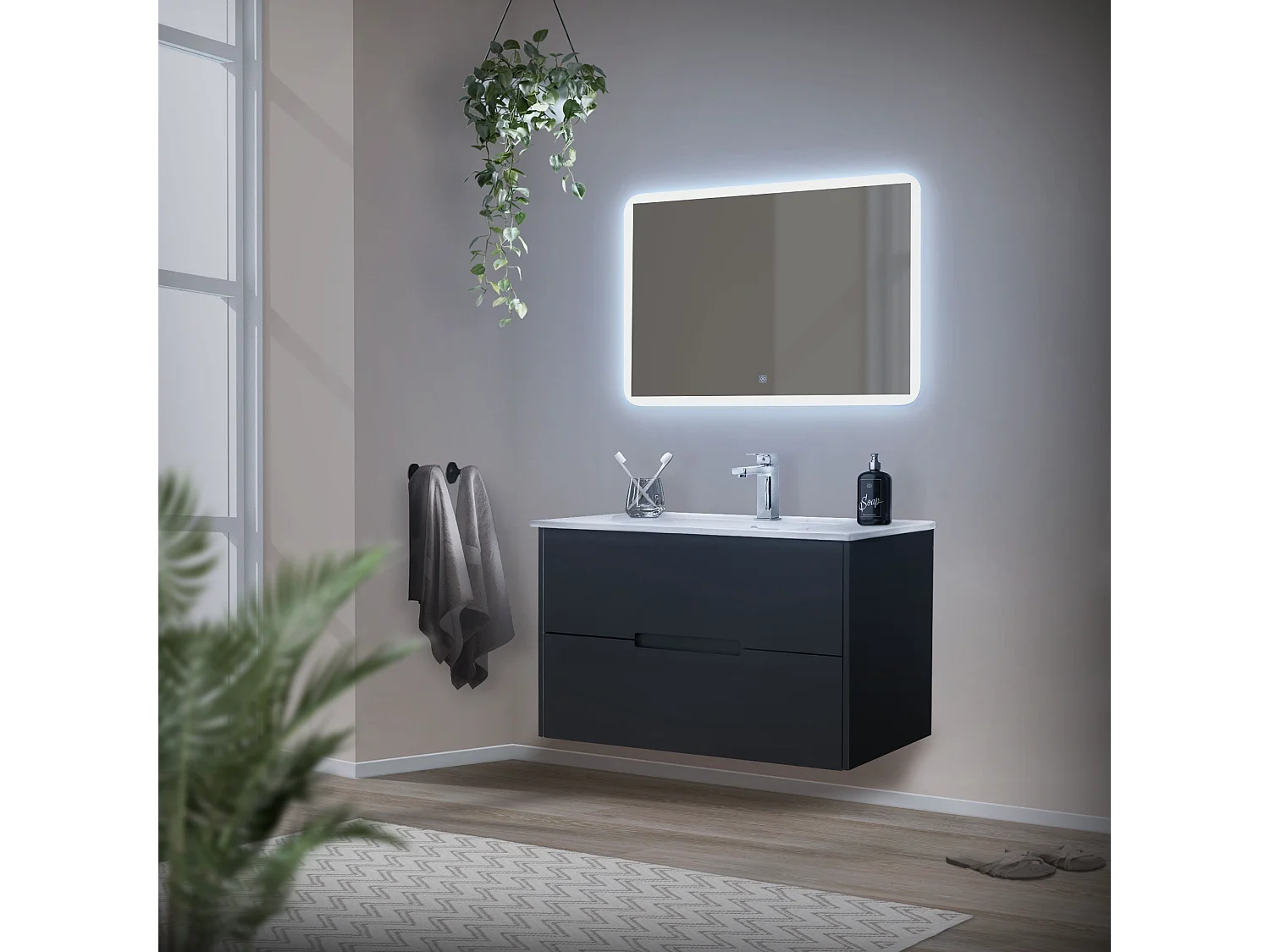 Miroir de salle de bain avec éclairage LED blanc et interrupteur tactile 90x60cm
