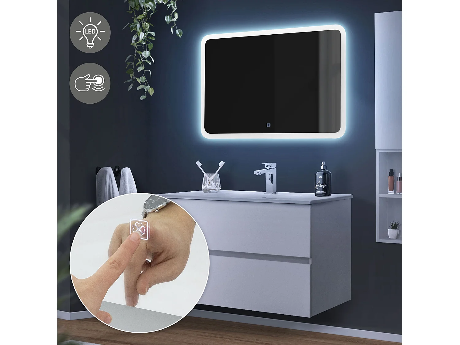 Specchio da bagno illuminazione a LED bianco funzione touch rettangolare 90x60cm
