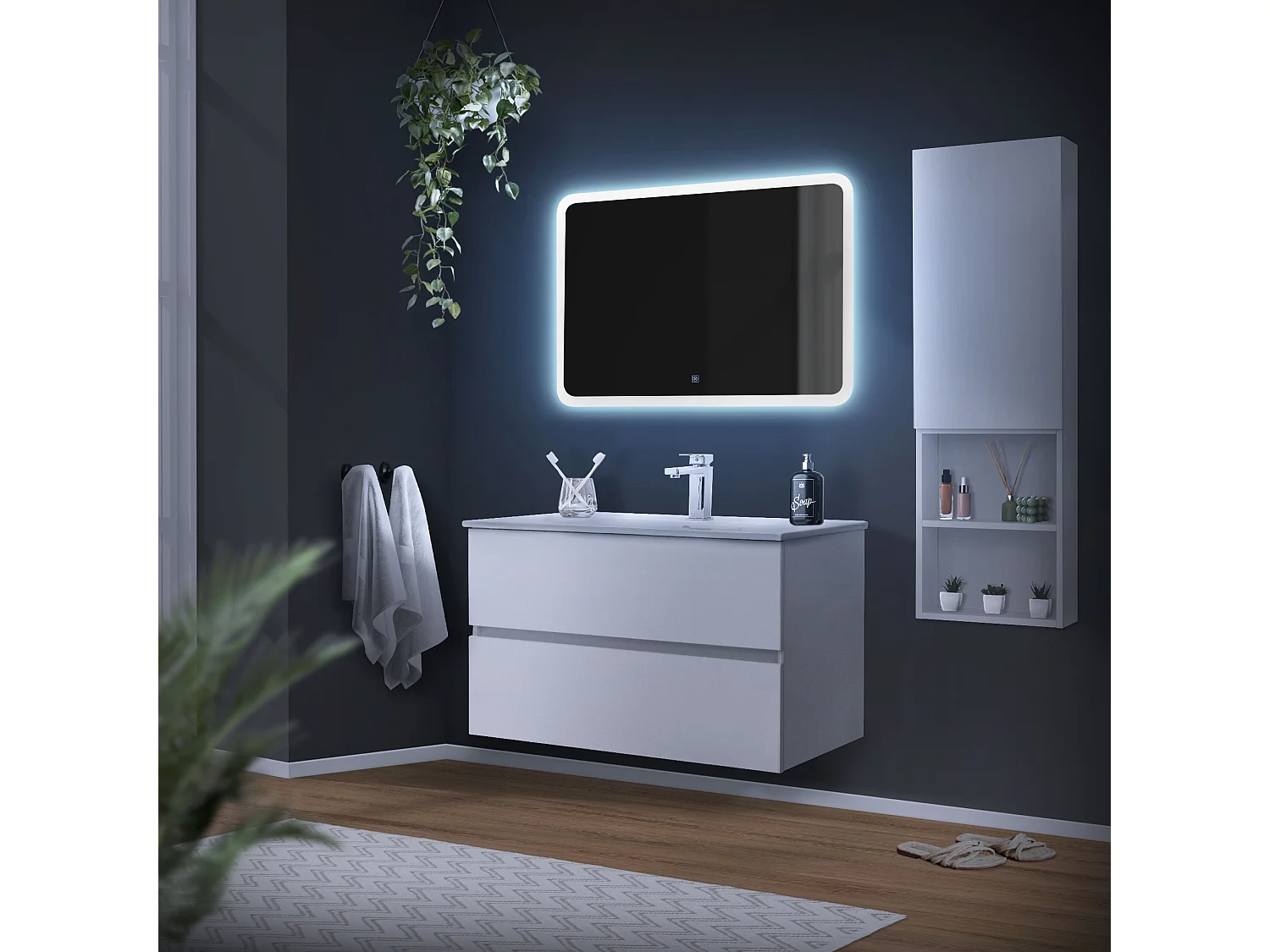 Espejo de baño luz LED cristal cuadrado de pared con Interruptor táctil 90x60cm