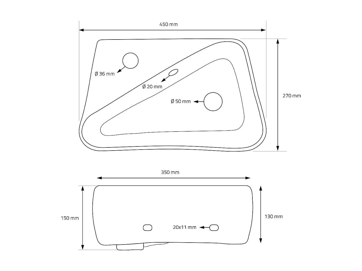 Lavabo à poser angulaire avec garniture vidage en céramique blanc 450x270x130 mm