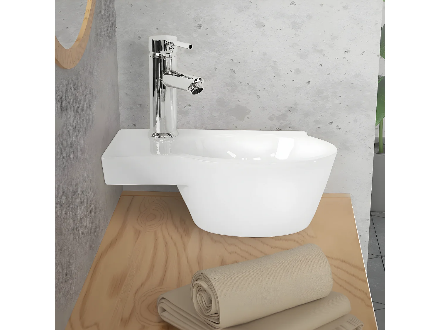 Lavabo ovalado angular cerámico con agujero para grifo en izquierda 37,5x19x14cm