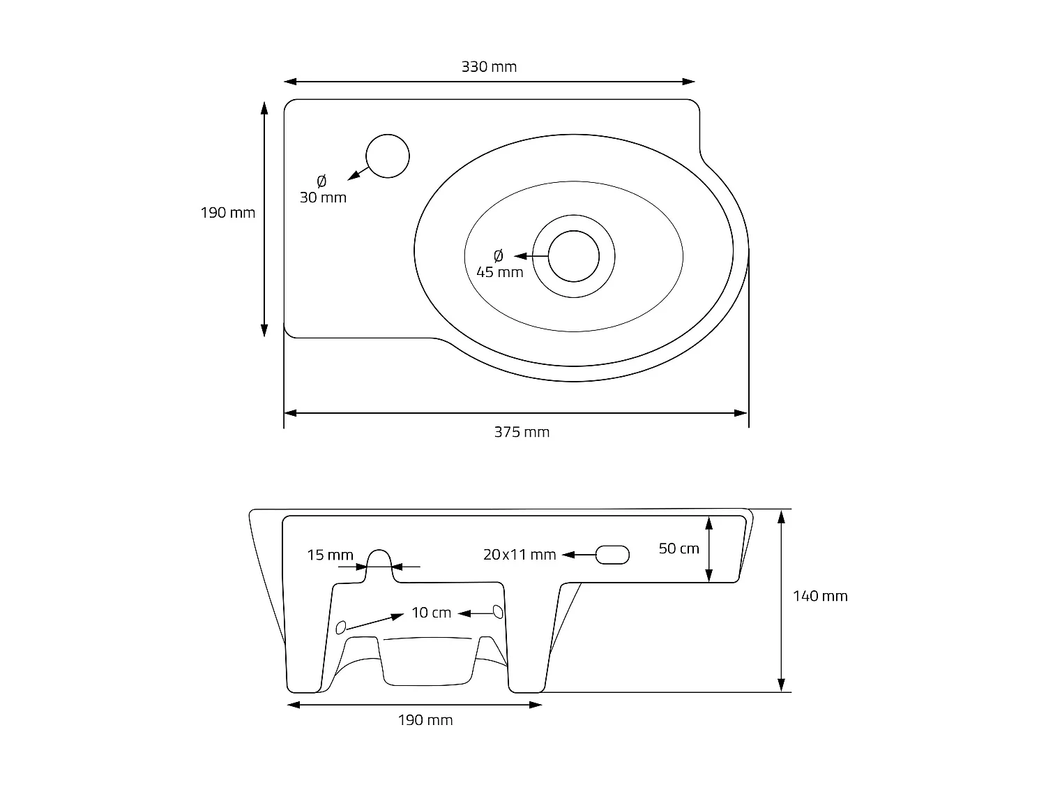 Lavabo ovalado angular cerámico con agujero para grifo en izquierda 37,5x19x14cm