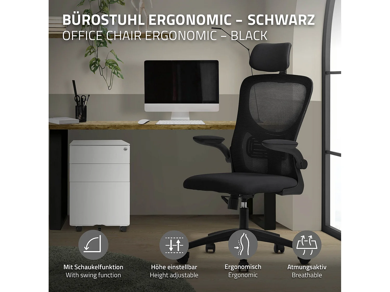 Silla de oficina ergonomica, asiento ordenador negro regulable con reposacabezas