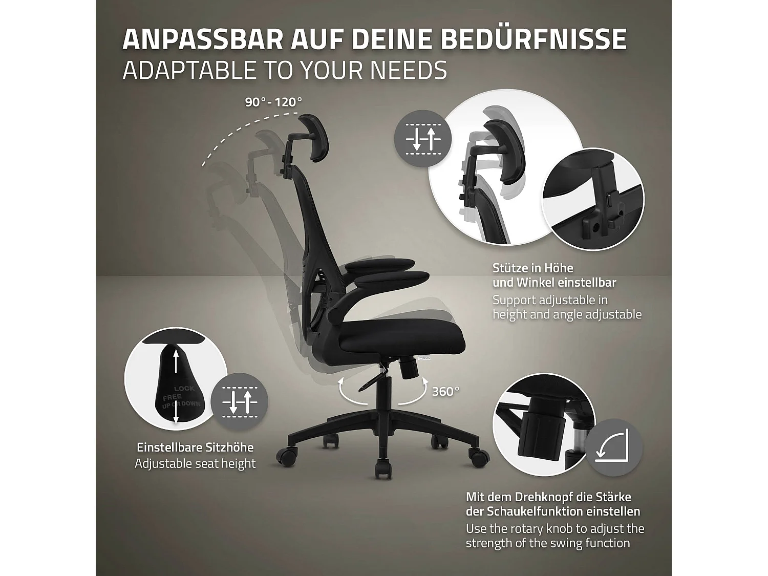 Silla de oficina ergonomica, asiento ordenador negro regulable con reposacabezas