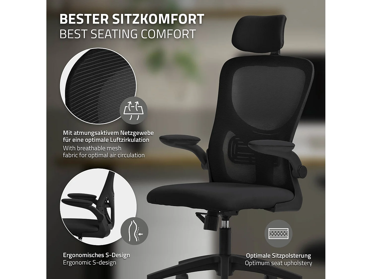 Silla de oficina ergonomica, asiento ordenador negro regulable con reposacabezas