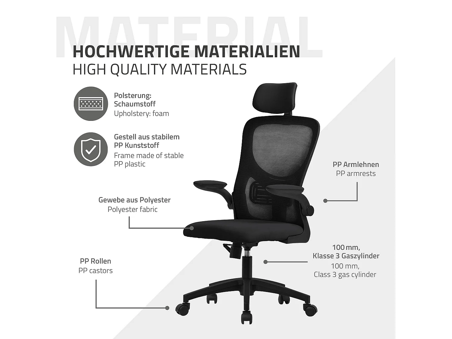 Silla de oficina ergonomica, asiento ordenador negro regulable con reposacabezas