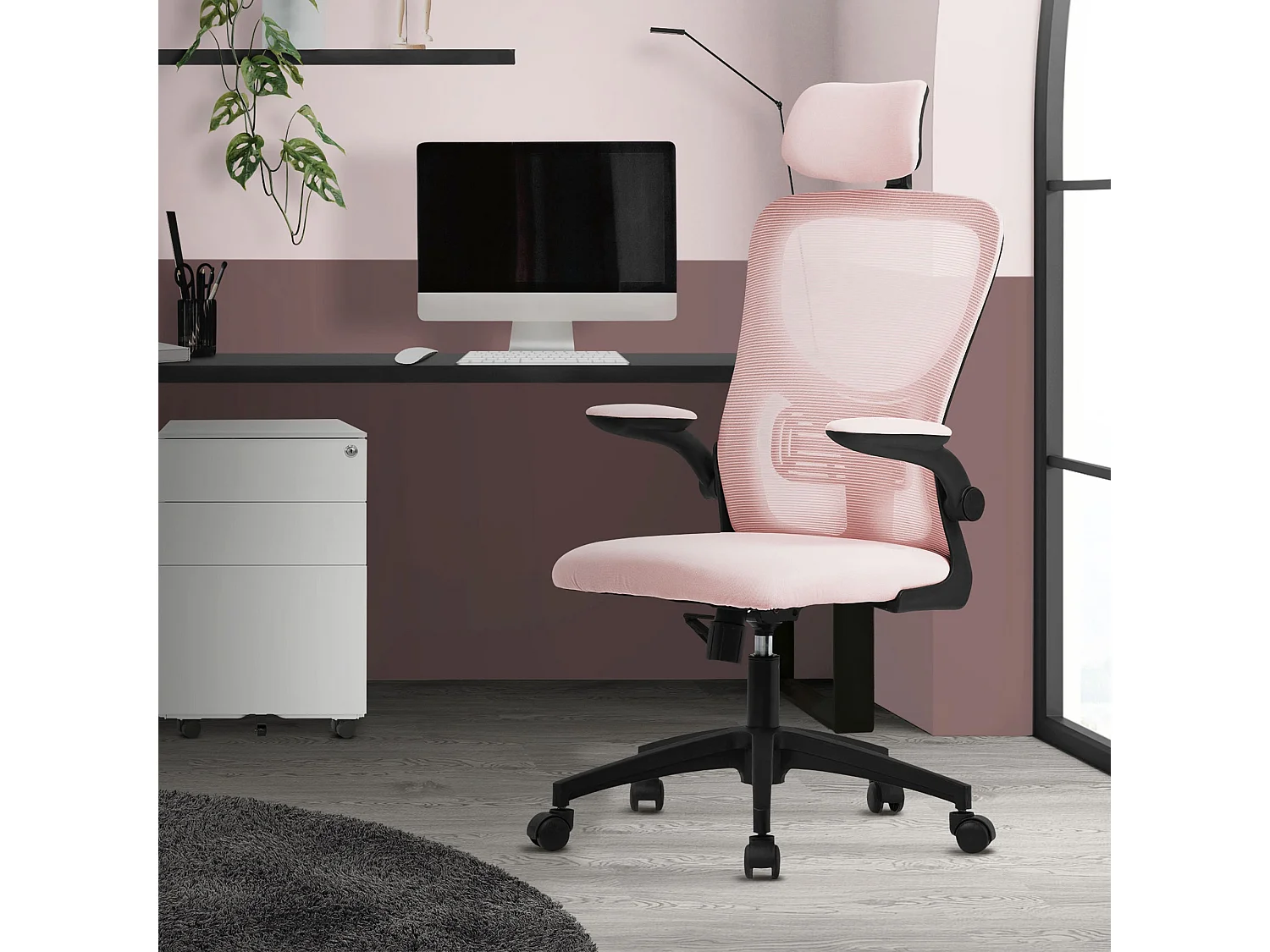 Silla de oficina ergonomica, asiento ordenador rosa regulable con reposacabezas