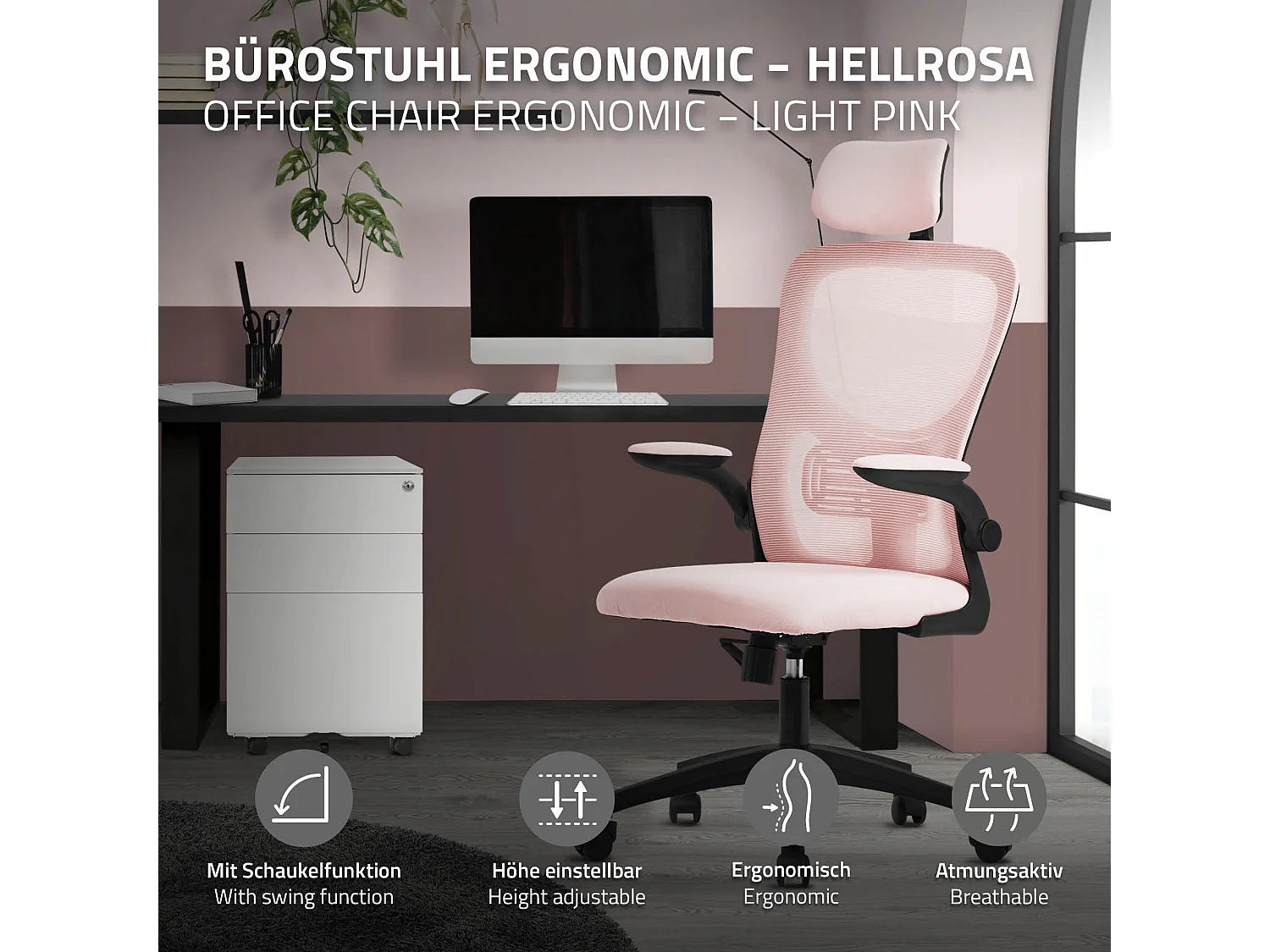 Silla de oficina ergonomica, asiento ordenador rosa regulable con reposacabezas