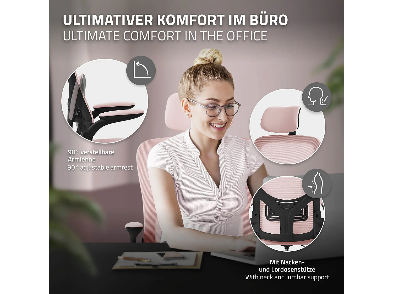 Silla de oficina ergonomica, asiento ordenador rosa regulable con reposacabezas
