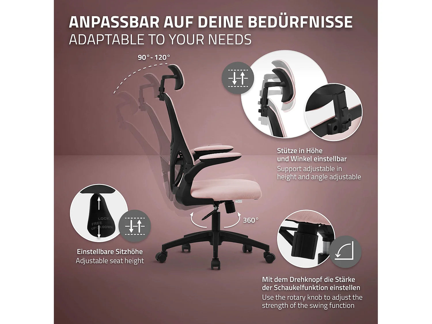 Silla de oficina ergonomica, asiento ordenador rosa regulable con reposacabezas