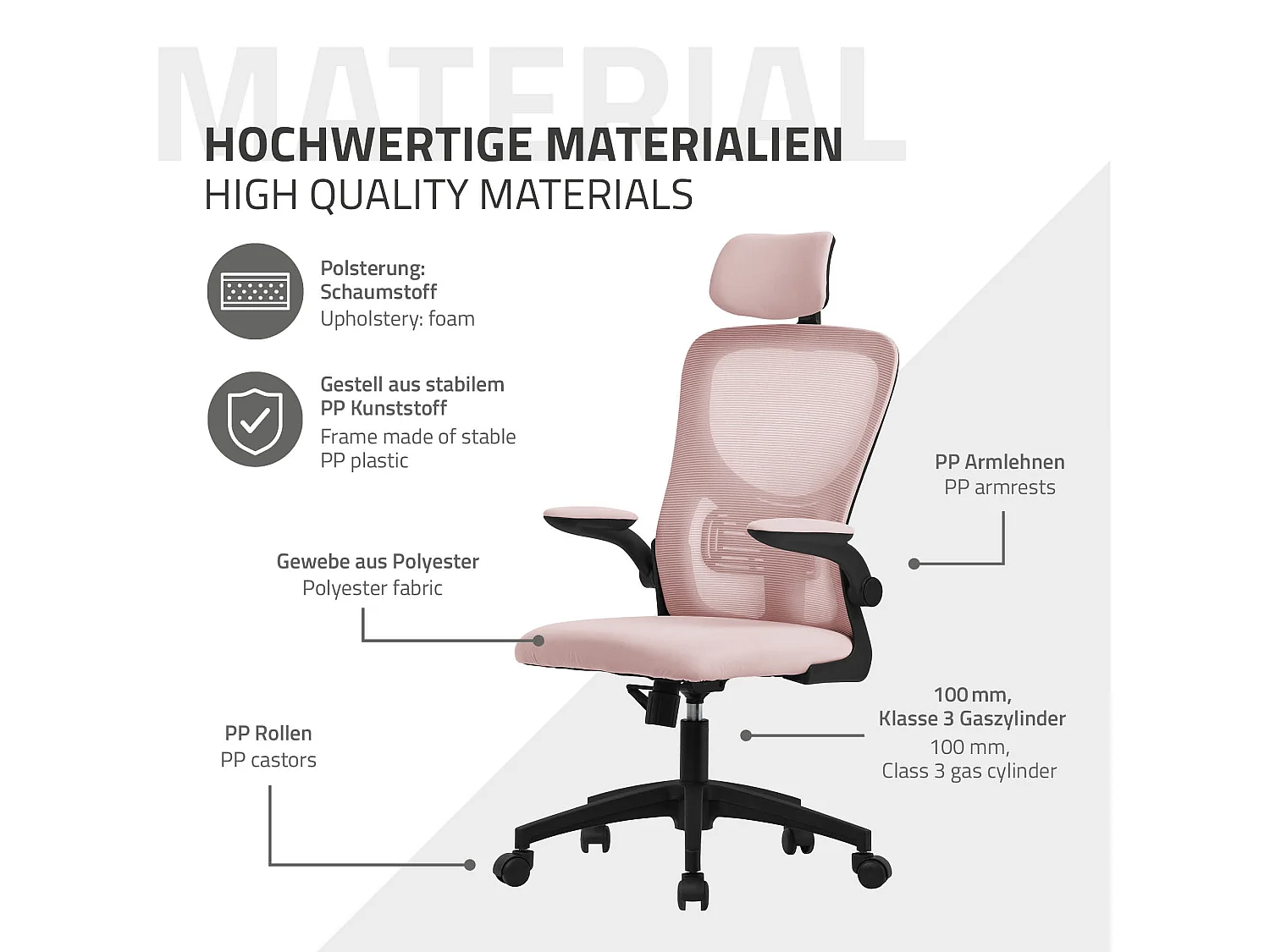 Silla de oficina ergonomica, asiento ordenador rosa regulable con reposacabezas