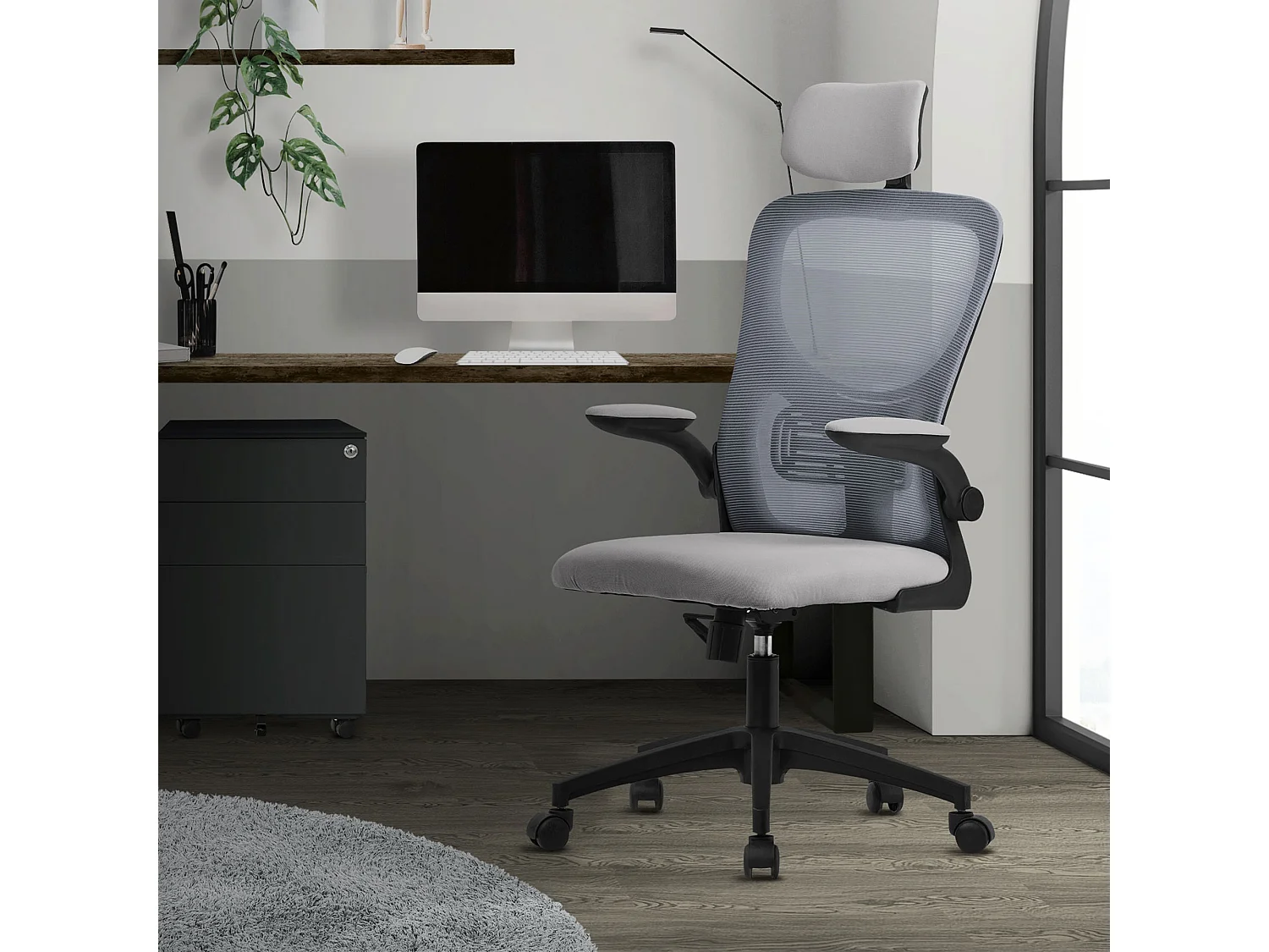 Silla de oficina ergonomica, asiento ordenador gris regulable con reposacabezas