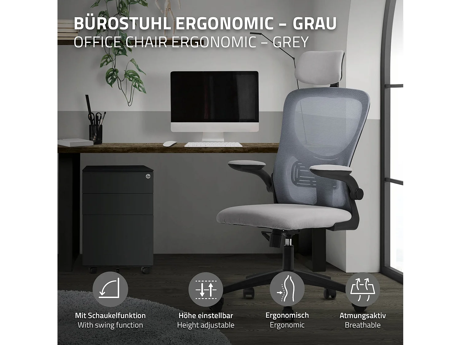 Silla de oficina ergonomica, asiento ordenador gris regulable con reposacabezas
