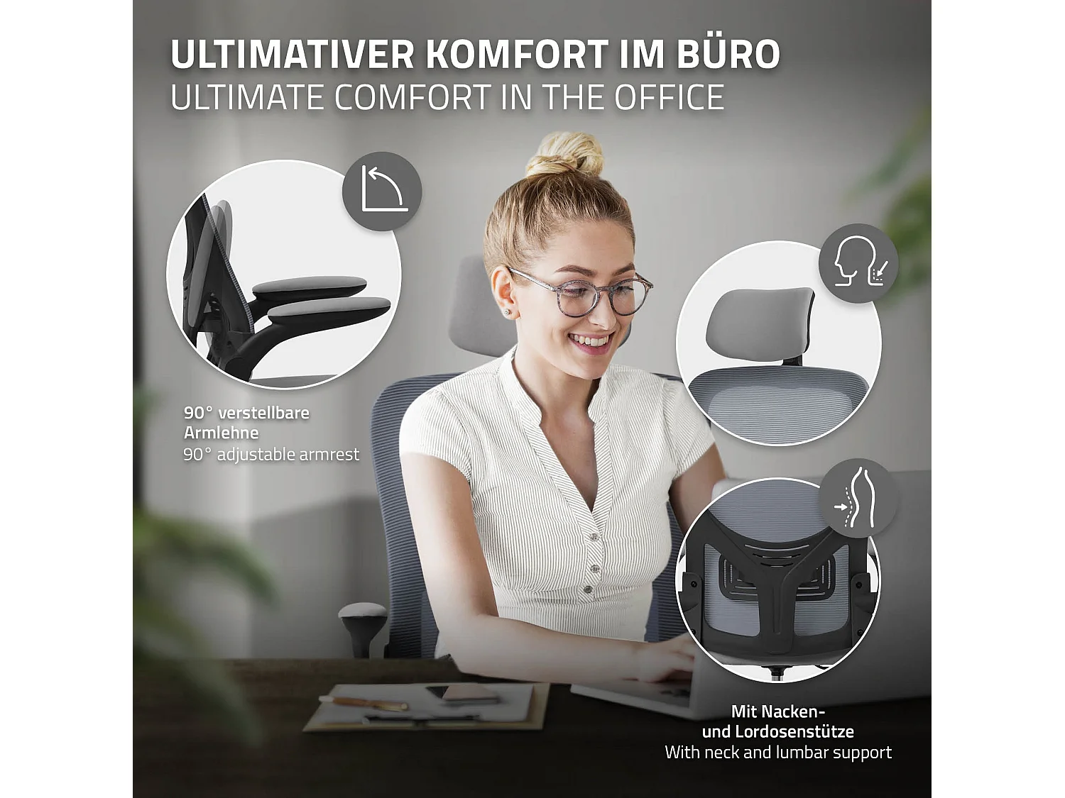 Silla de oficina ergonomica, asiento ordenador gris regulable con reposacabezas
