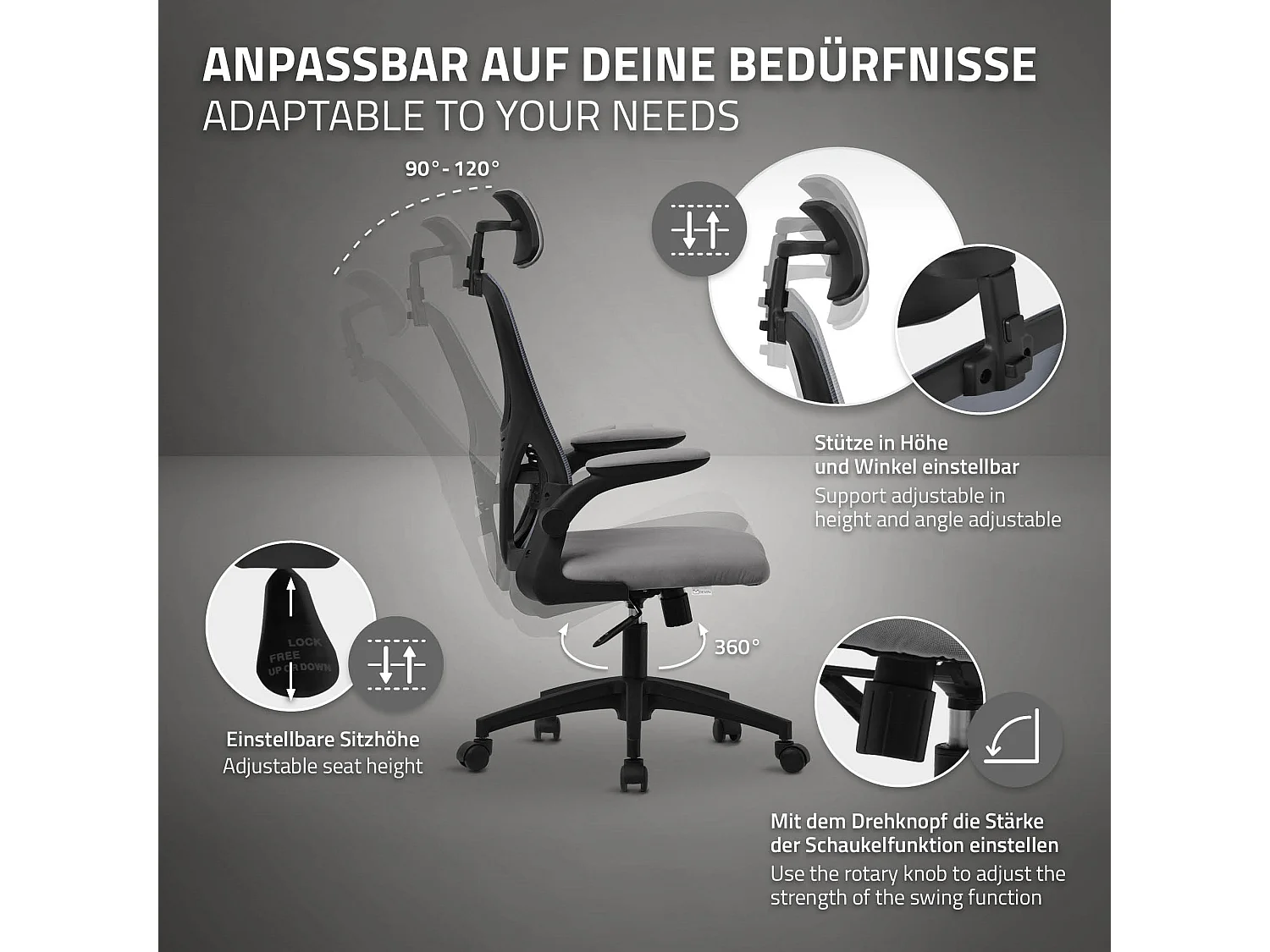 Silla de oficina ergonomica, asiento ordenador gris regulable con reposacabezas