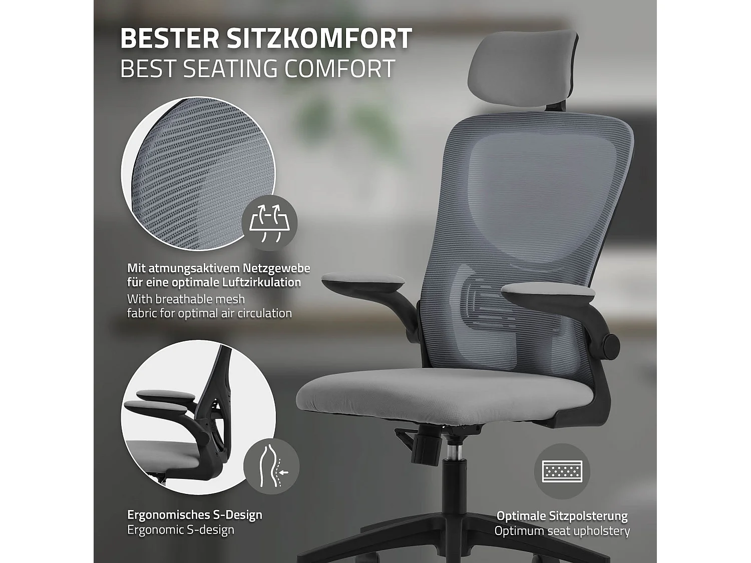 Silla de oficina ergonomica, asiento ordenador gris regulable con reposacabezas