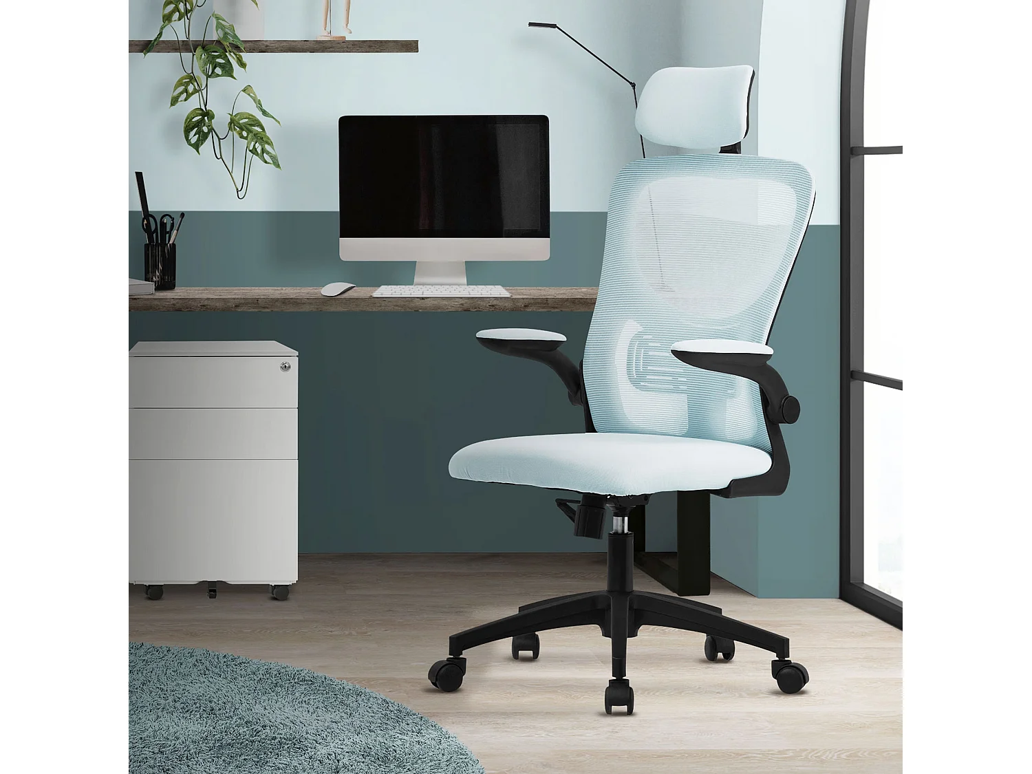 Chaise de bureau gaming ergonomique bleu pivotant en maille appui-tête réglable