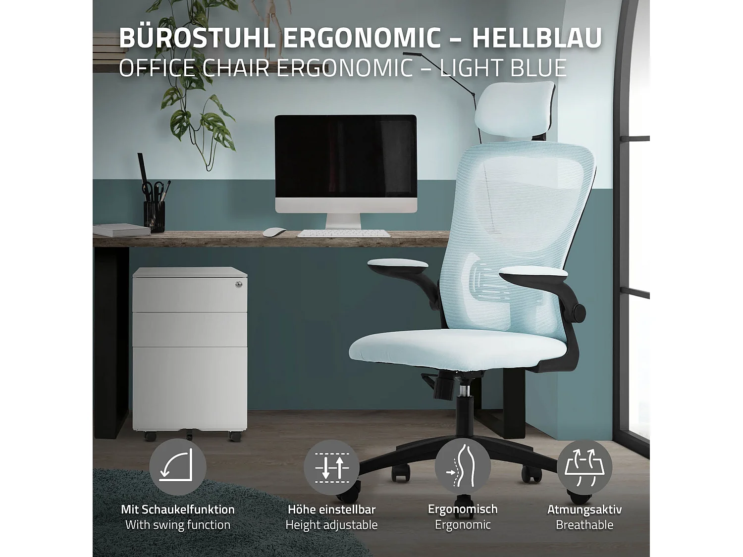 Chaise de bureau gaming ergonomique bleu pivotant en maille appui-tête réglable