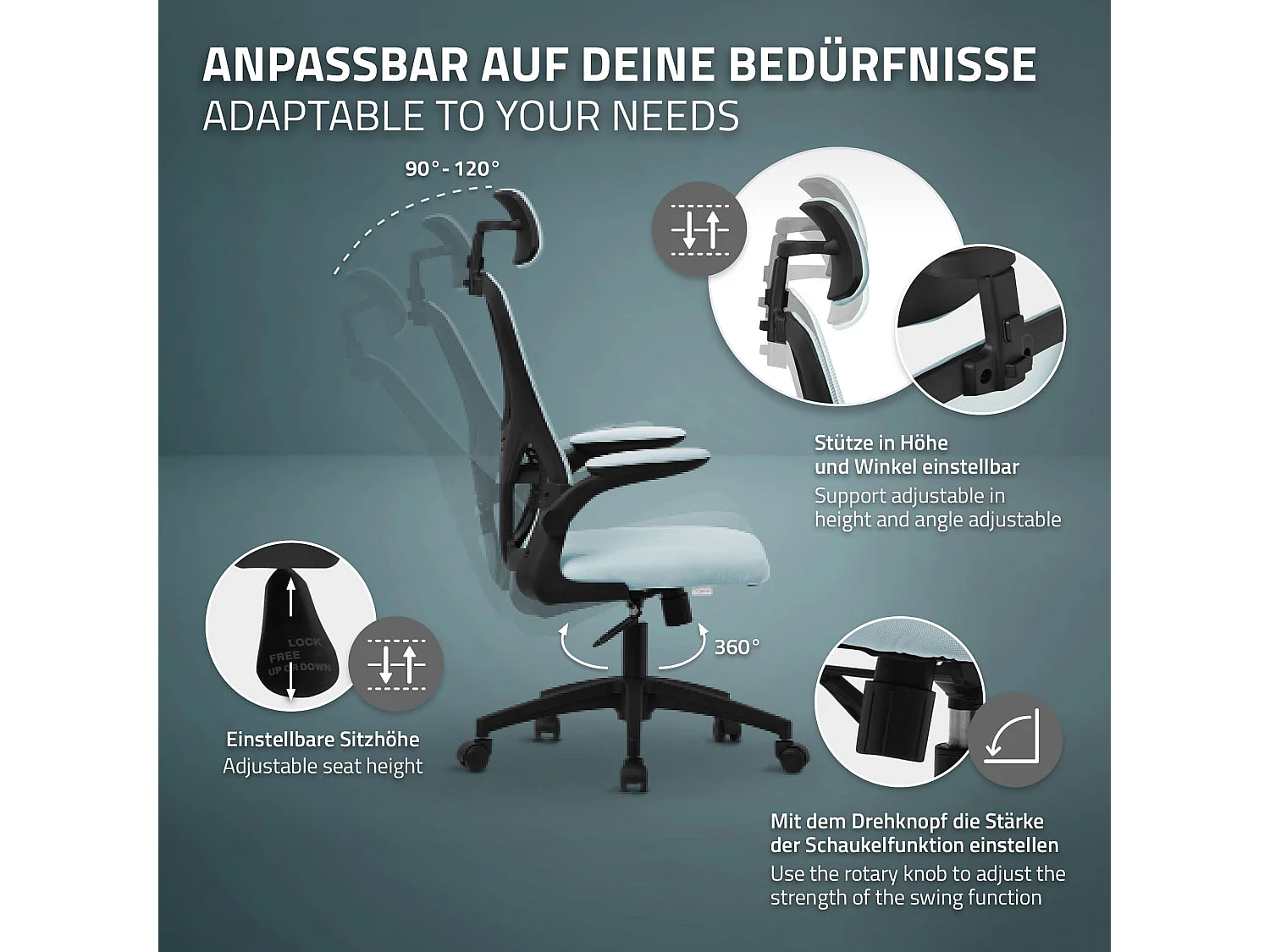 Chaise de bureau gaming ergonomique bleu pivotant en maille appui-tête réglable