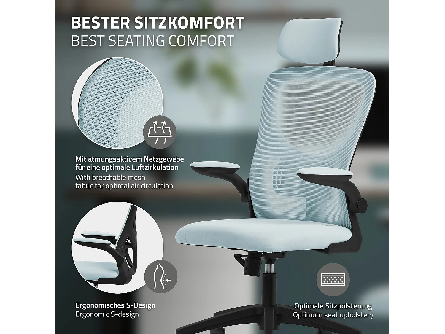 Chaise de bureau gaming ergonomique bleu pivotant en maille appui-tête réglable