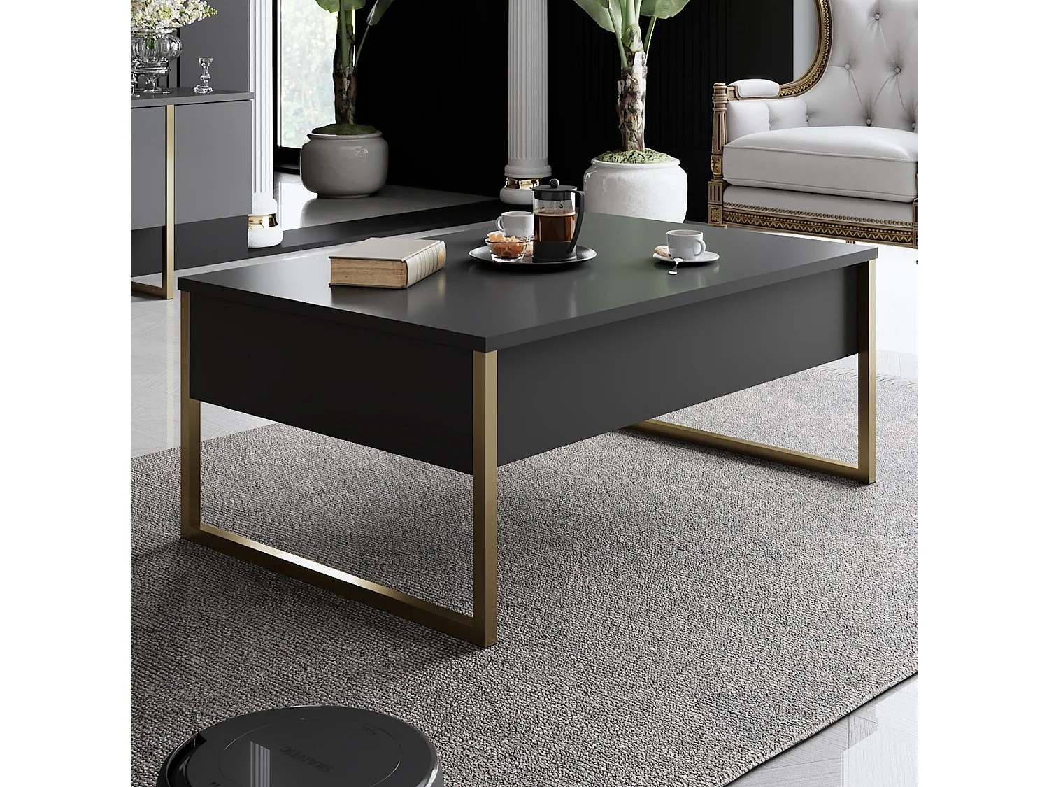 Table basse Sibylle 60x90cm Métal Or et Bois Anthracite