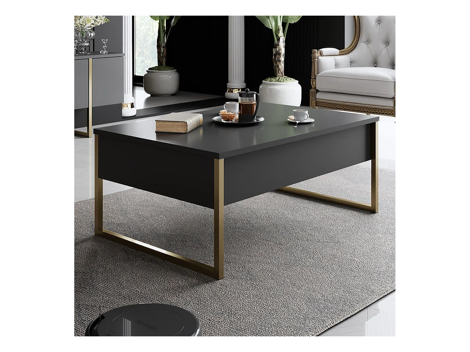 Table basse Sibylle 60x90cm Métal Or et Bois Anthracite