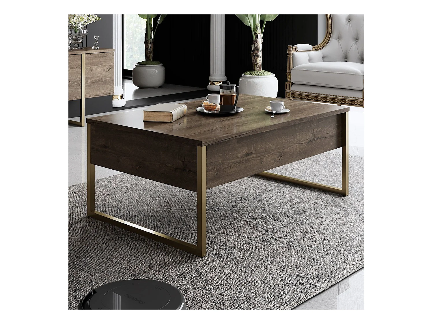 Mesa de café Kailua Z101, Nogal|Dorado, 40x60x90cm, Aglomerado laminado, Angular