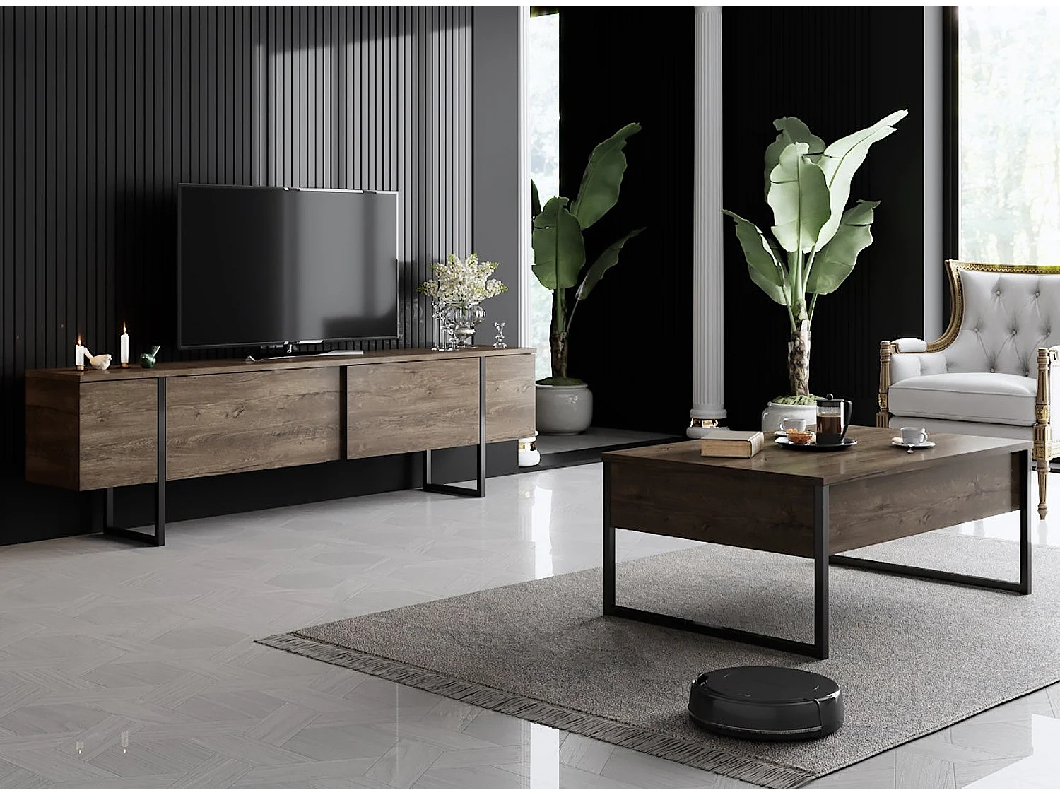 Table basse Sibylle 60x90cm Métal Noir et Bois Anthracite