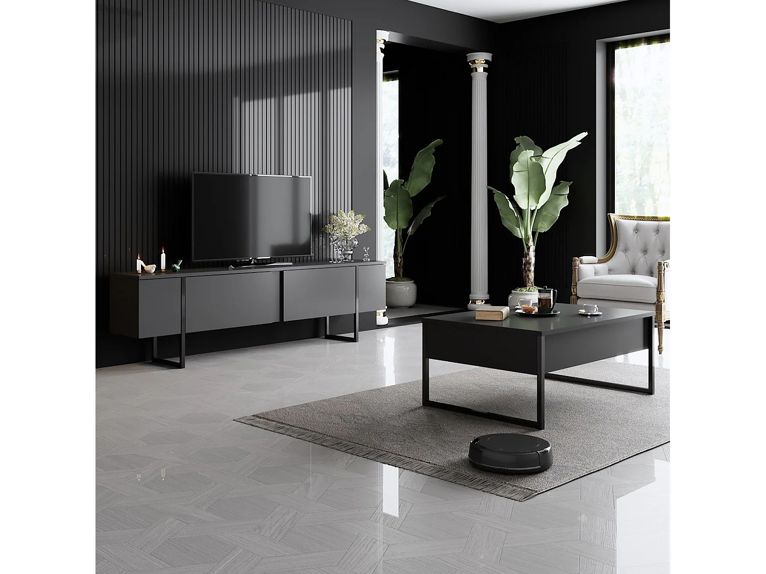 Salontafel met 2 grijze en witte melamine lades Sed 110 cm-Kleur Houtskool grijs