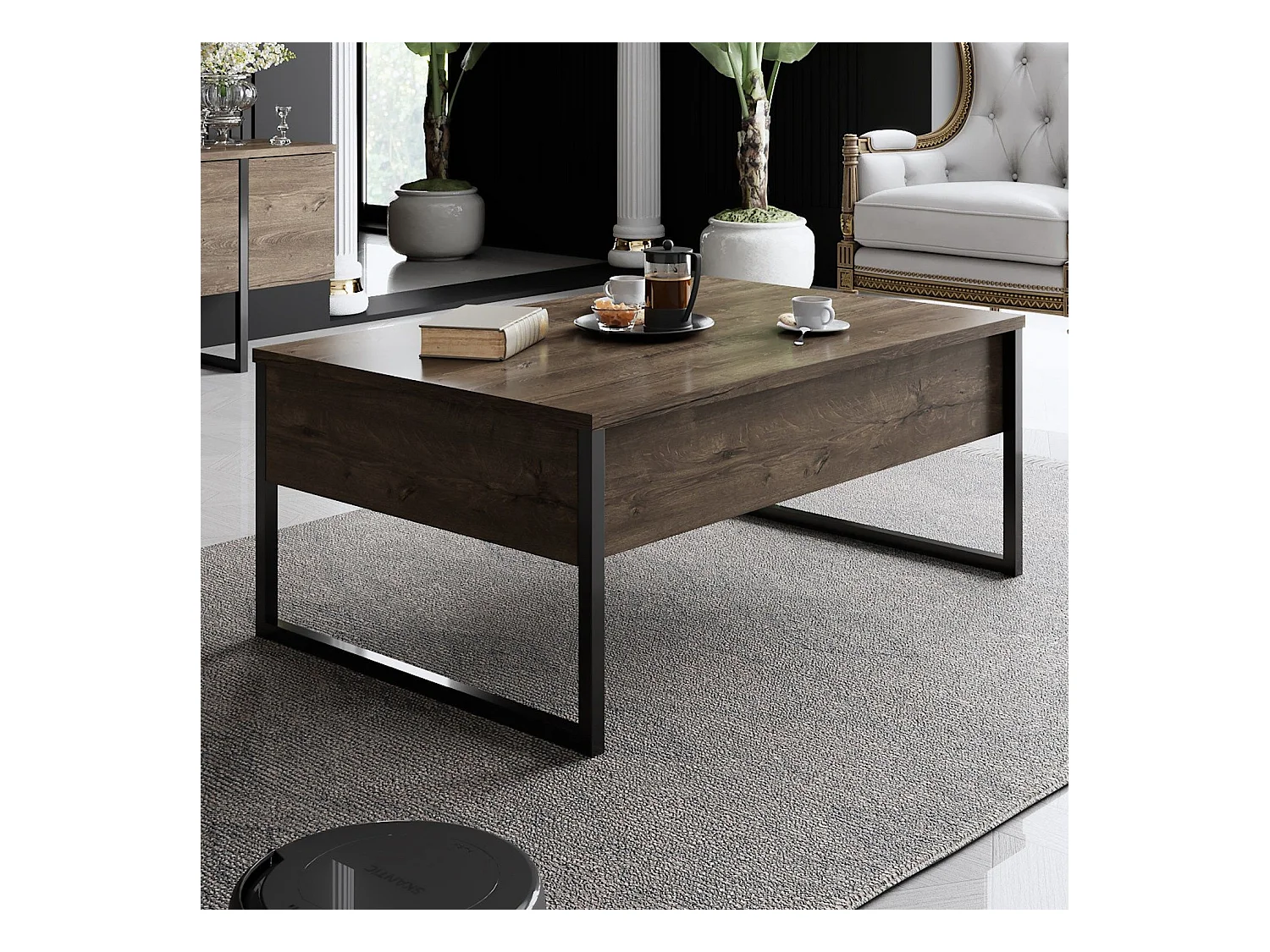 Table basse Sibylle 60x90cm Métal Noir et Bois foncé