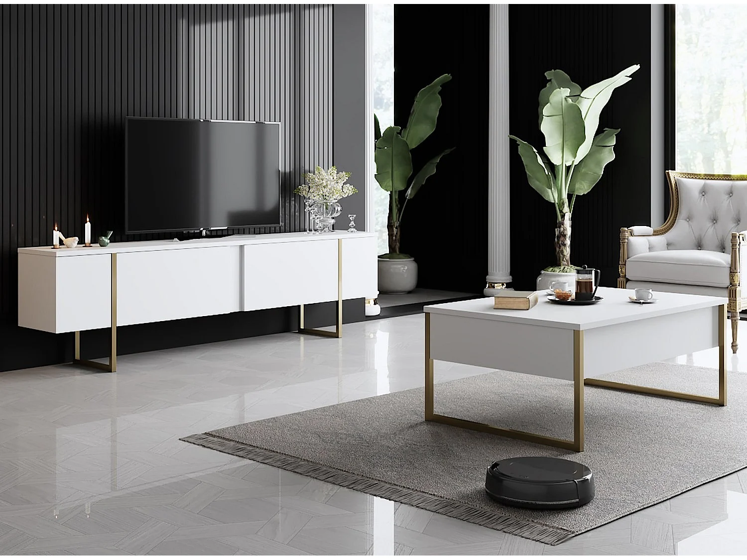 Table basse Sibylle 60x90cm Métal Noir et Bois Blanc